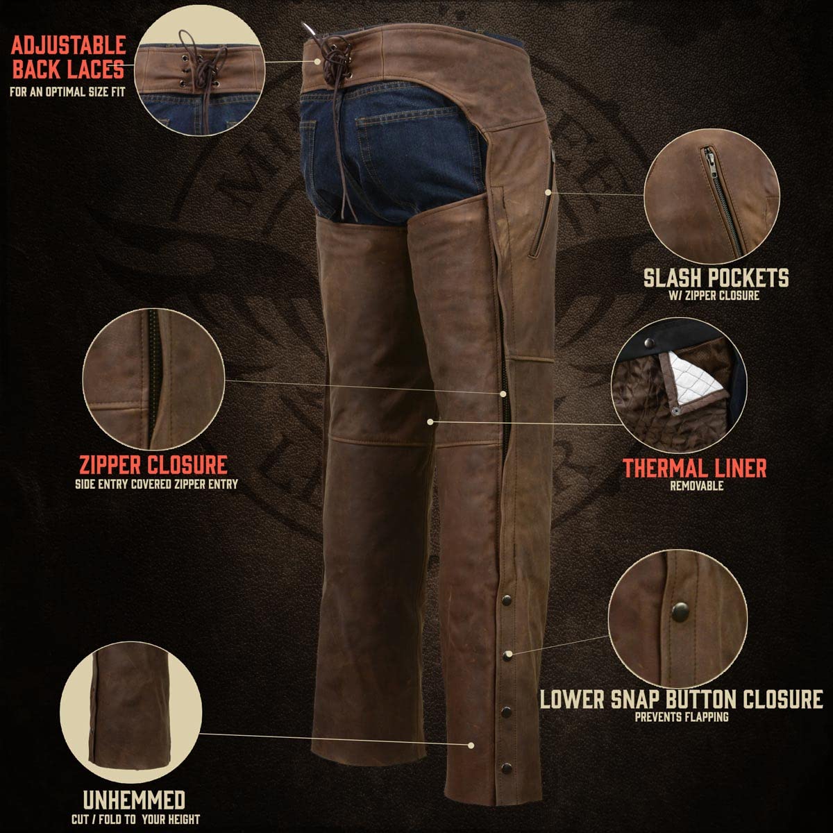 Milwaukee Men's Thermal Lined Premium Leather Motorcycle Chaps for Bikers & Riders - Small Size - Winter Riding Gear for Cold Weather Protection