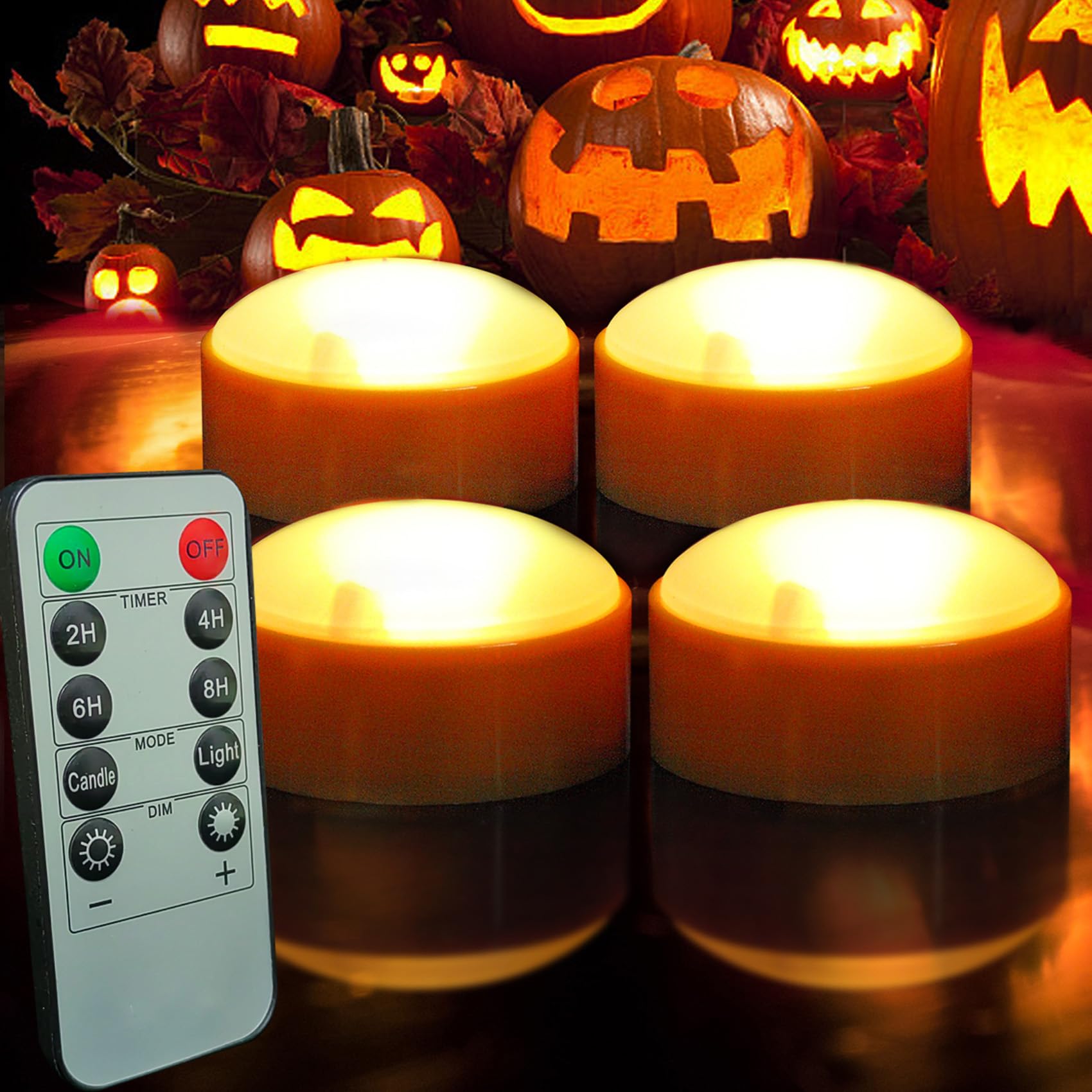 4 Pack Halloween Pumpkin LED Lights - Battery Operated Jack O'Lantern with Remote & Timer, Flameless Flickering Candles for Outdoor/Indoor Decor - Perfect for Halloween Party, Home, Yard, and Holiday Decoration (Orange)