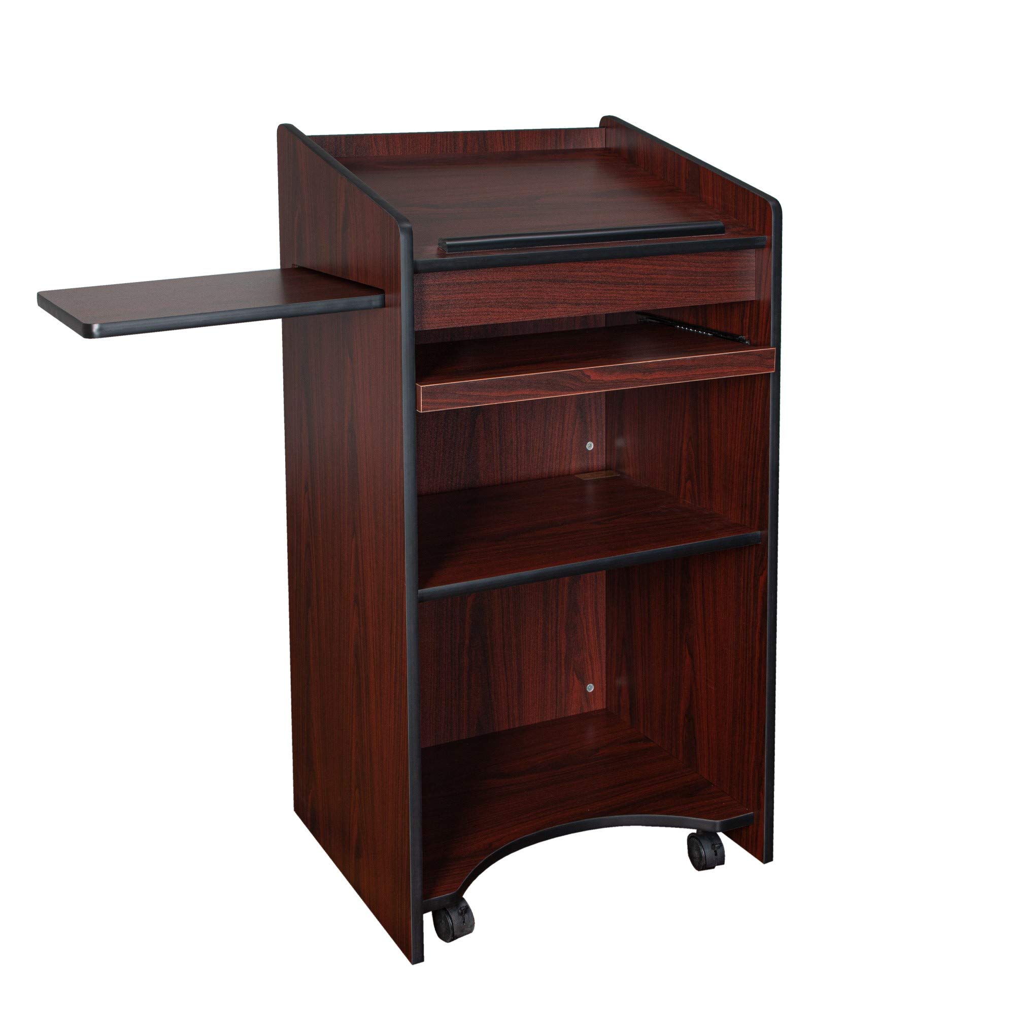 OEF Furnishings Mobile Floor Lectern with Side Shelf & Keyboard Tray - Adjustable Height Mahogany Wood Podium for Church, Classroom, or Home Office Use