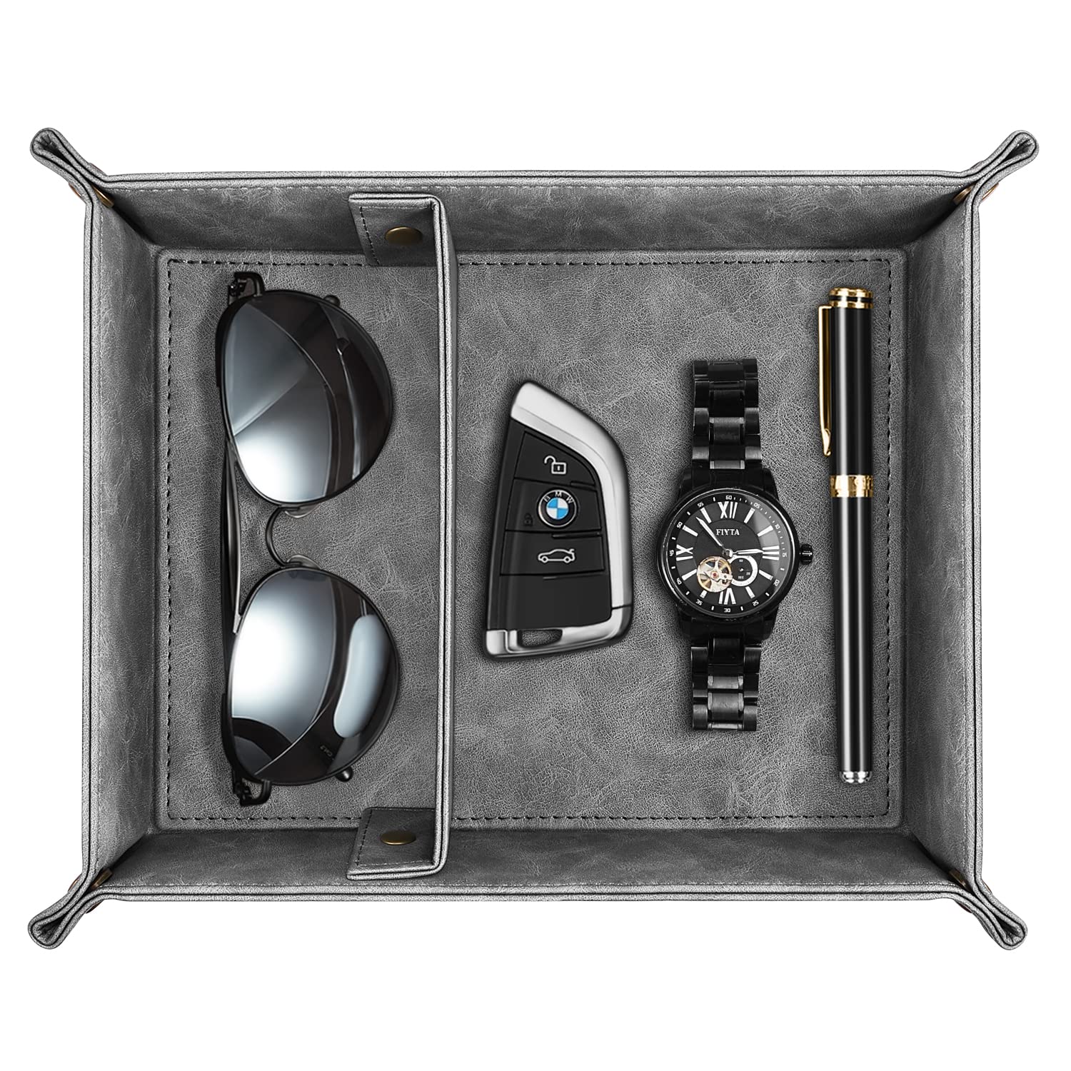 SITHON Valet Tray with Removable 2 Compartments - Desk Organizer, Nightstand Caddy & Vanity Catchall Tray for Jewelry, Keys, Wallet - Perfect for Bedroom, Office & Entryway Storage (Gray)