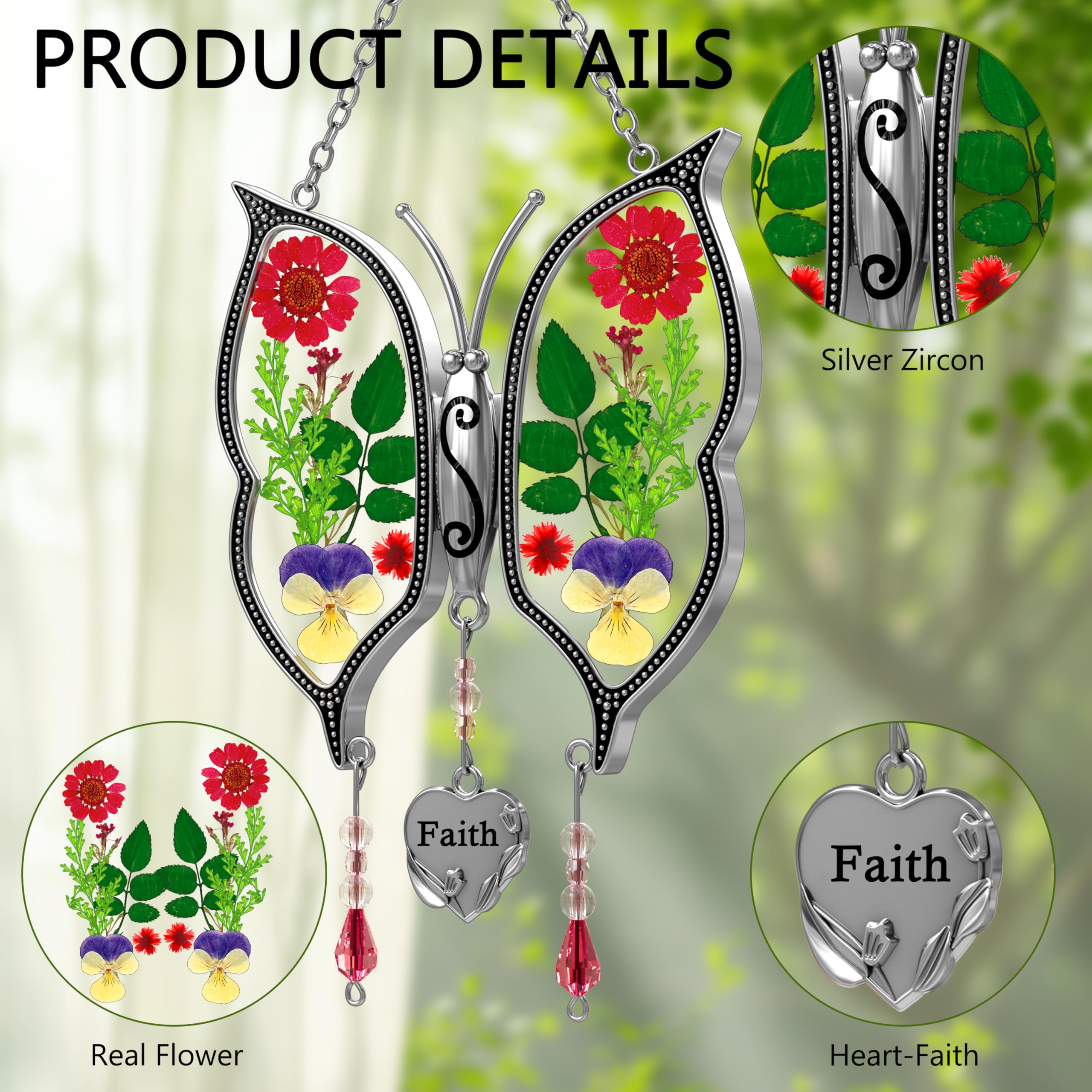 Butterfly Ornaments for Windows - Pressed Flower Glass Suncatcher with Heart Charm | Faith Gift for Mom, Grandma, Aunt | Christmas Decor, Birthday & Mother's Day Present | Perfect for Home, Office, Garden Decorations