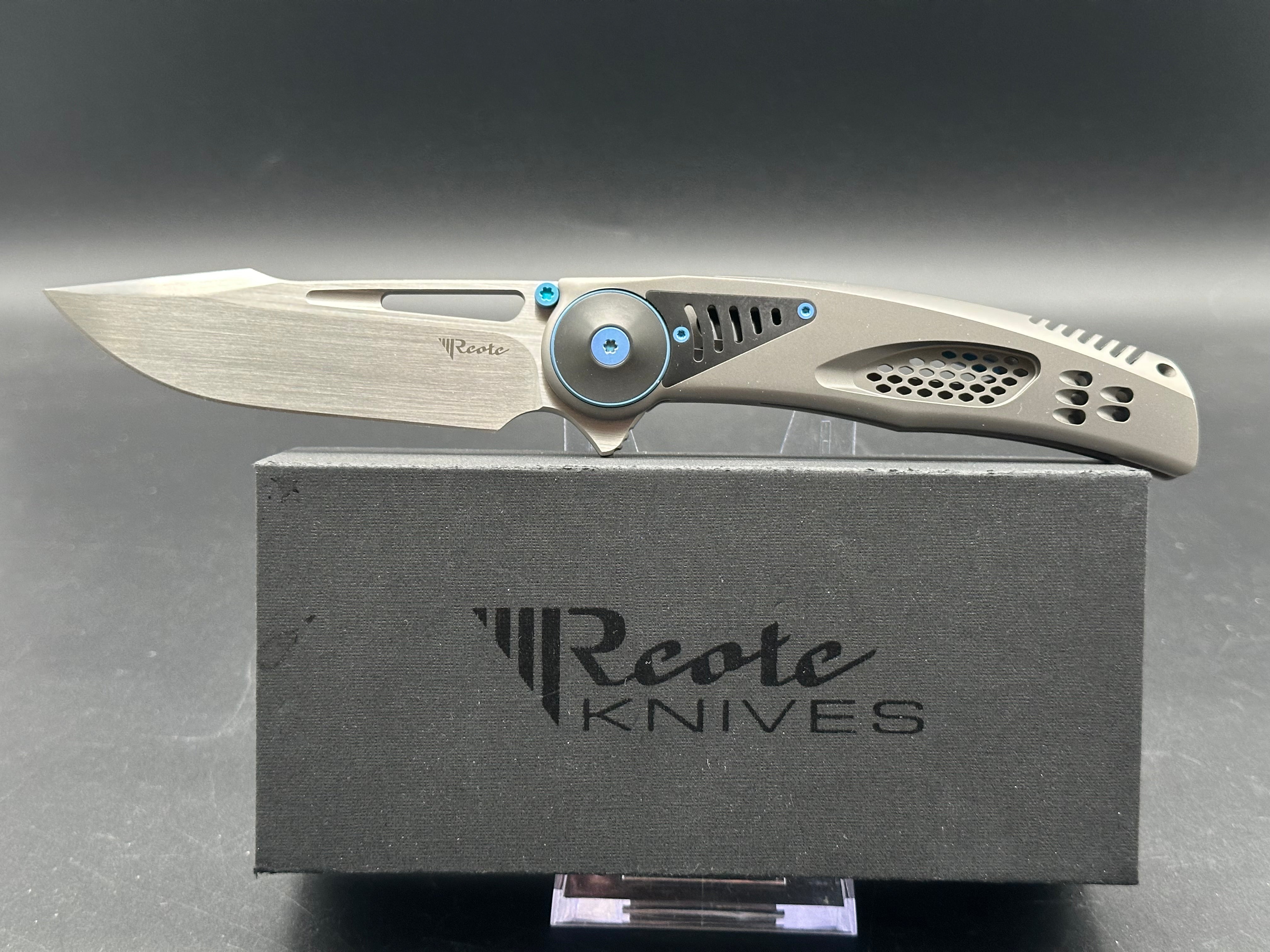 REATE GTR Titanium Folding Knife with Zirconium Inlay & Blue Hardware - M390 Steel Blade - EDC Pocket Knife for Outdoor Camping, Hiking and Everyday Carry