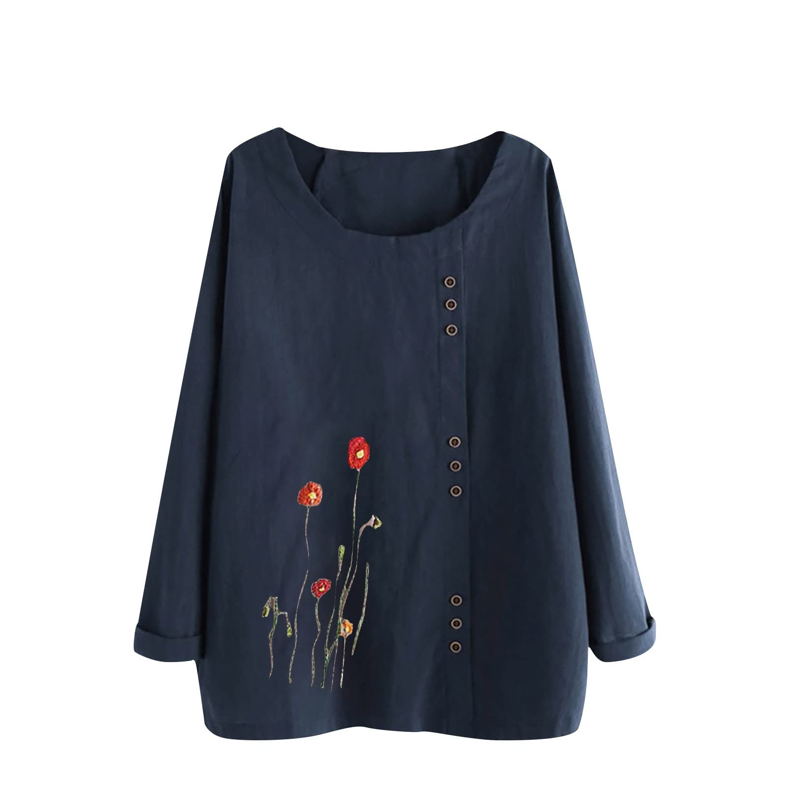 Women's Linen Shirt with Floral Print - Long Sleeve Round Neck Button-Up Blouse for Fall | Casual & Dressy Pullover Top for Work, Date Night & Weekend Outings