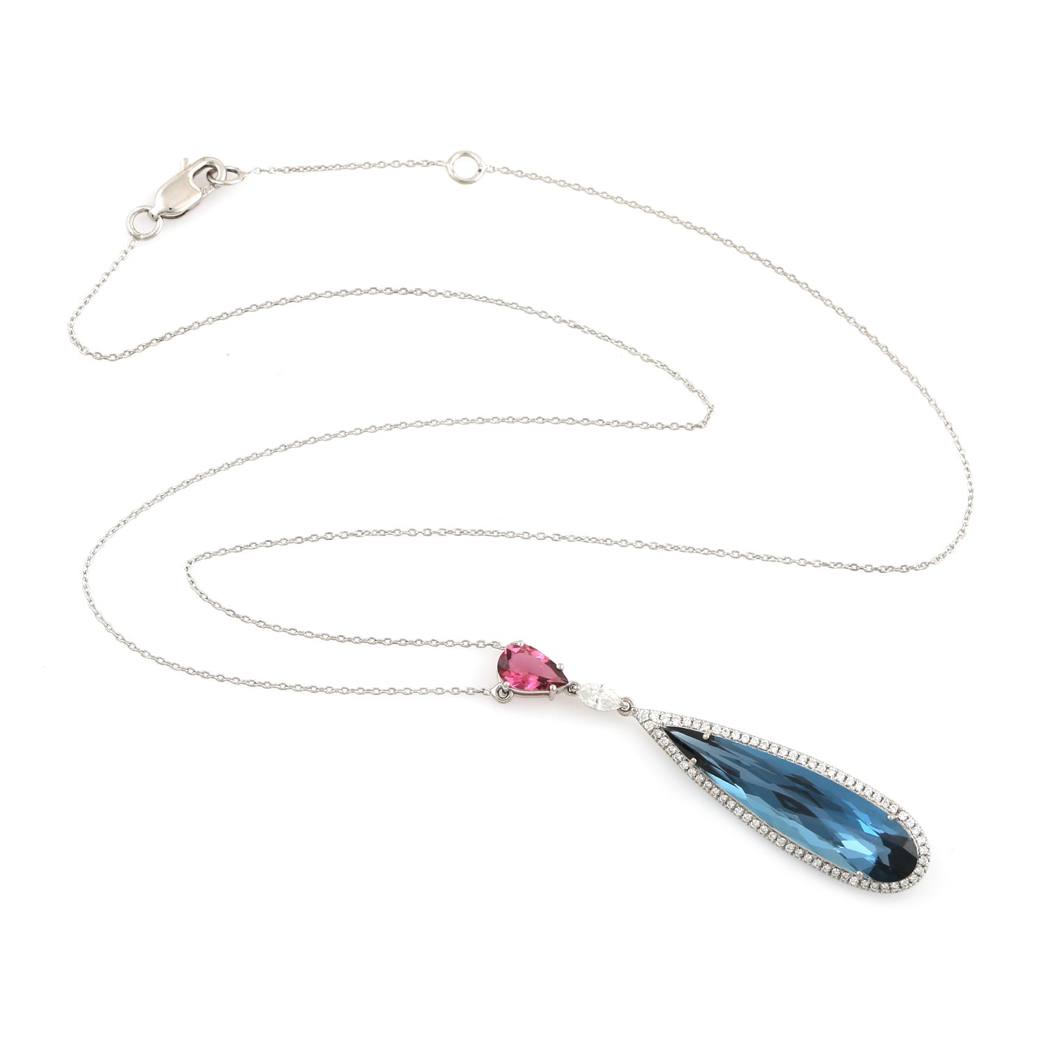 18K White Gold Pear Cut Blue Topaz and Pink Tourmaline Diamond Choker Necklace - Elegant Bridal Jewelry for Weddings, Anniversaries & Special Occasions