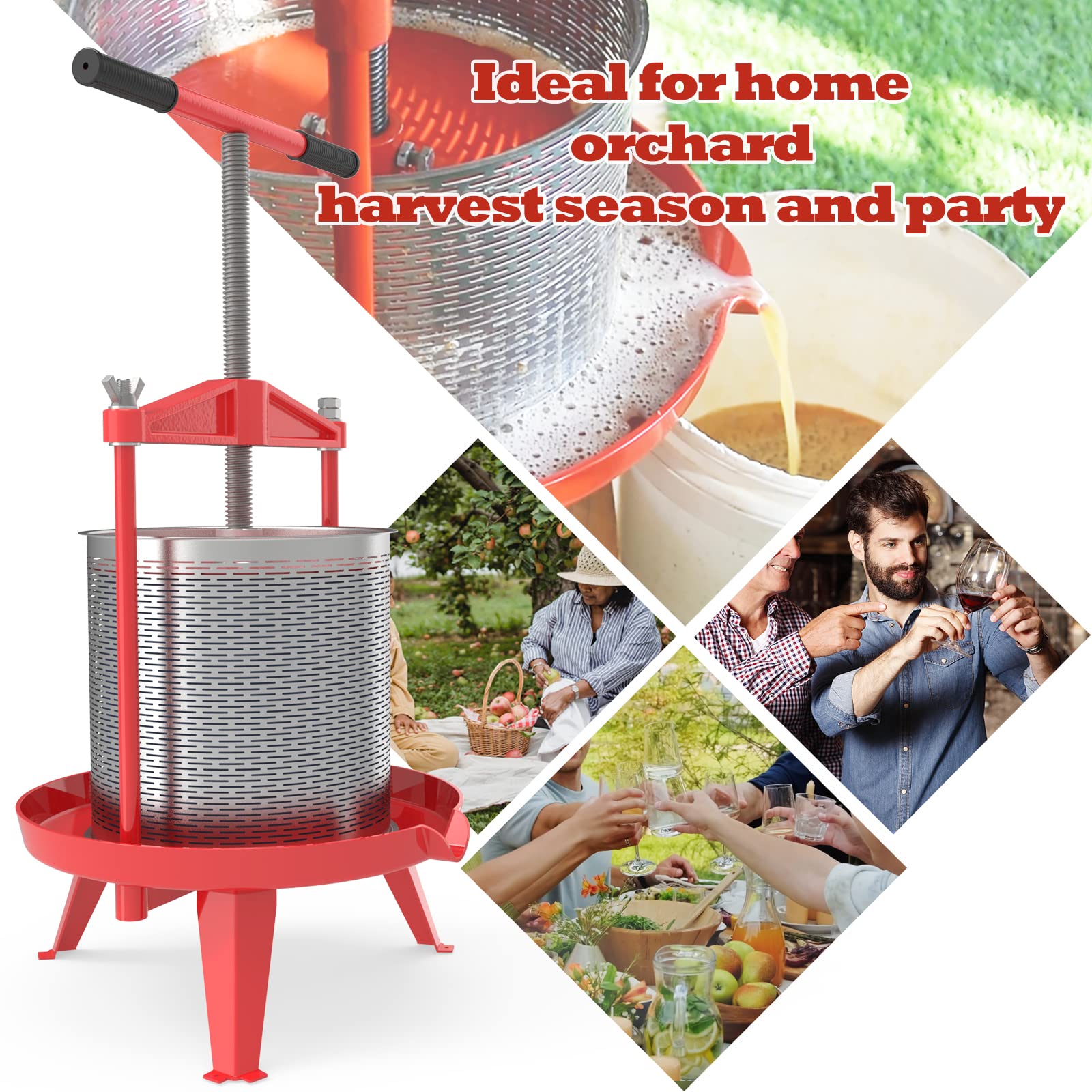 3.69 Gallon Heavy-duty Cross-beam Stainless Steel Fruit and Wine Press for Home Brewing, Cider Making & Juice Extraction - Perfect for Apples, Grapes & Berries