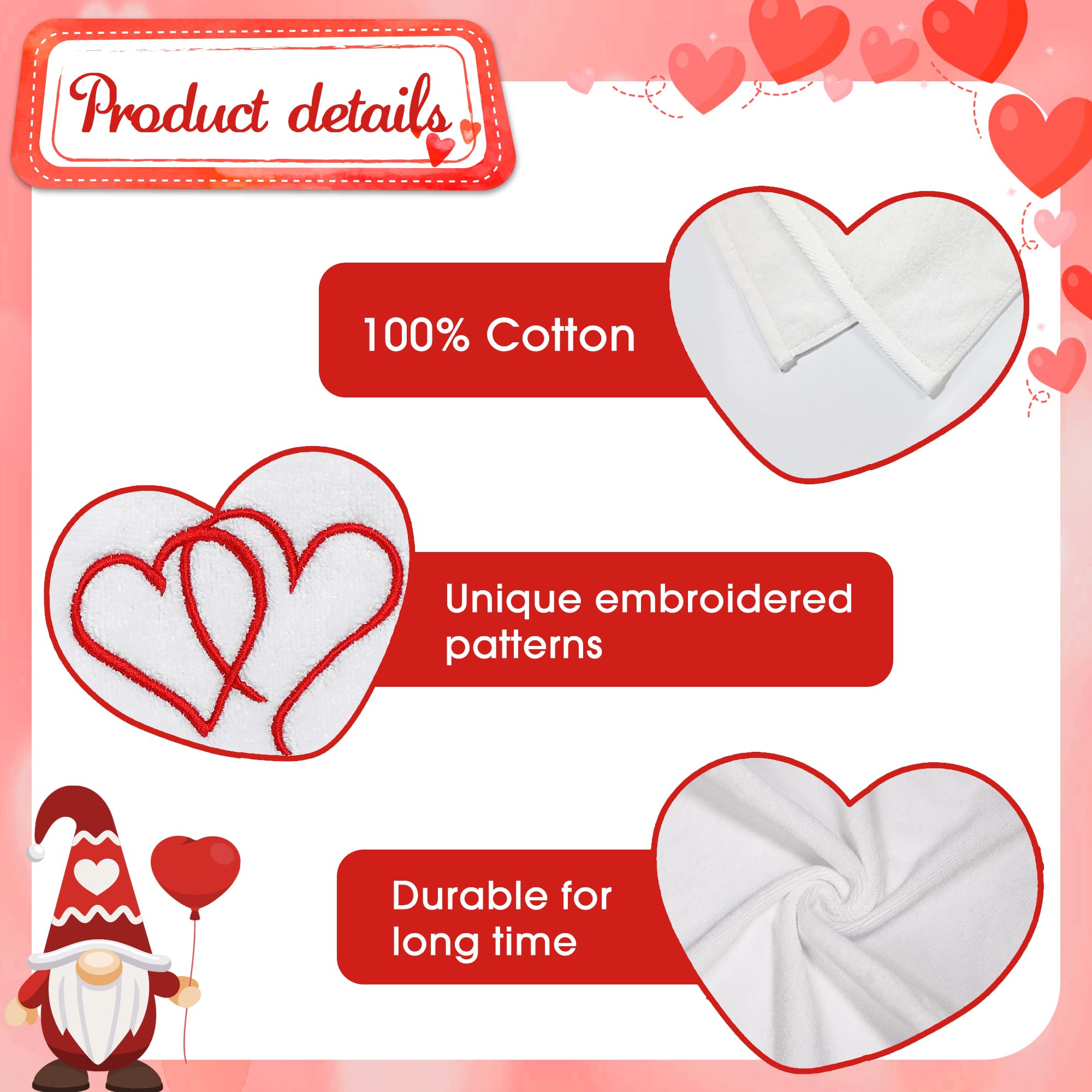 Valentine's Day Cotton Hand Towels - Embroidered Red Heart Set of 2 for Bathroom & Kitchen Decor