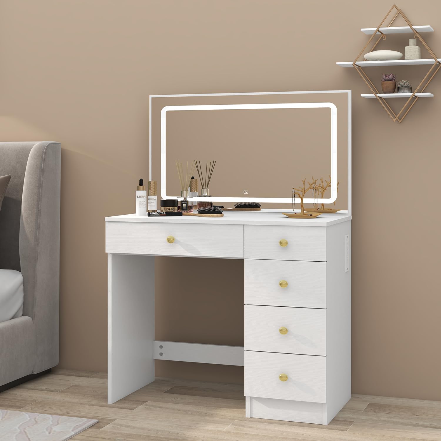 Lighted Makeup Vanity Set with Large Mirror, 5 Drawers & Power Outlet - Adjustable 3-Color Lighting Dressing Table for Women & Girls (White) | Perfect for Bedroom, Salon & Home Beauty Station