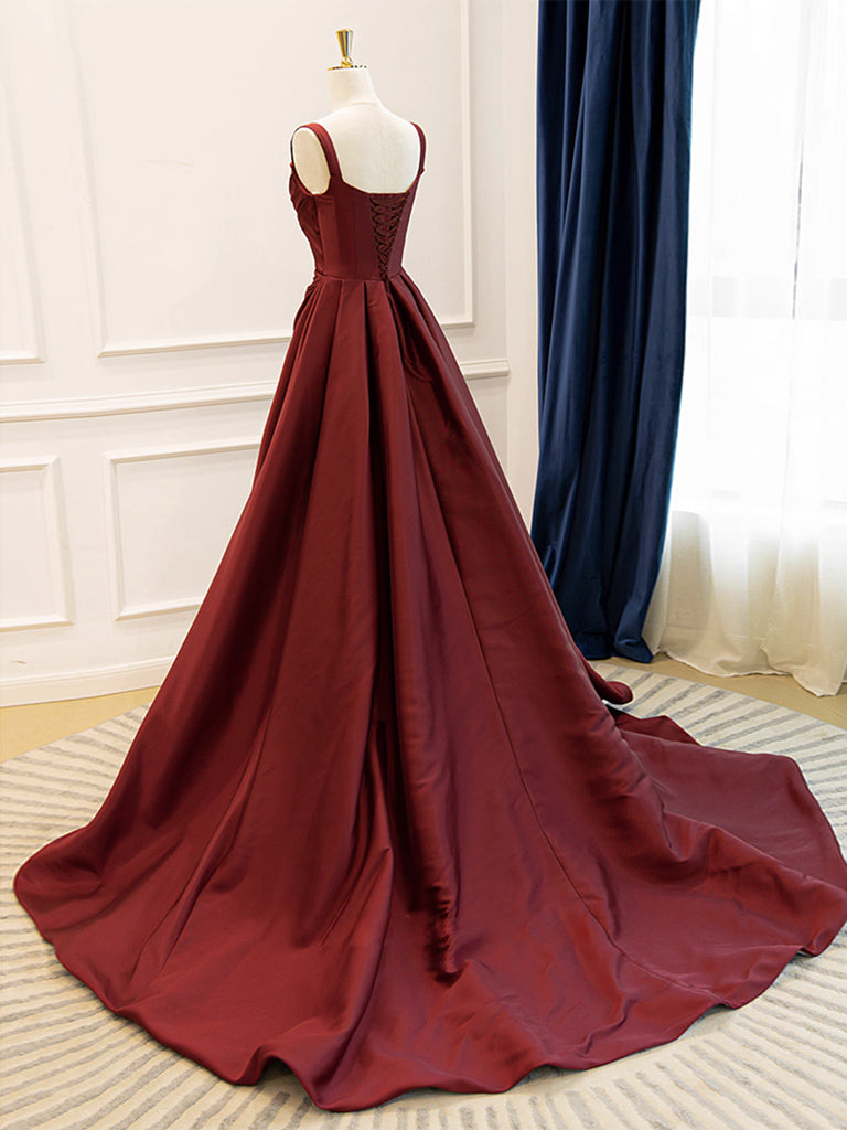 Elegant A-Line Satin Burgundy Long Prom Dress & Evening Gown for Formal Events, Homecoming, Weddings and Special Occasions