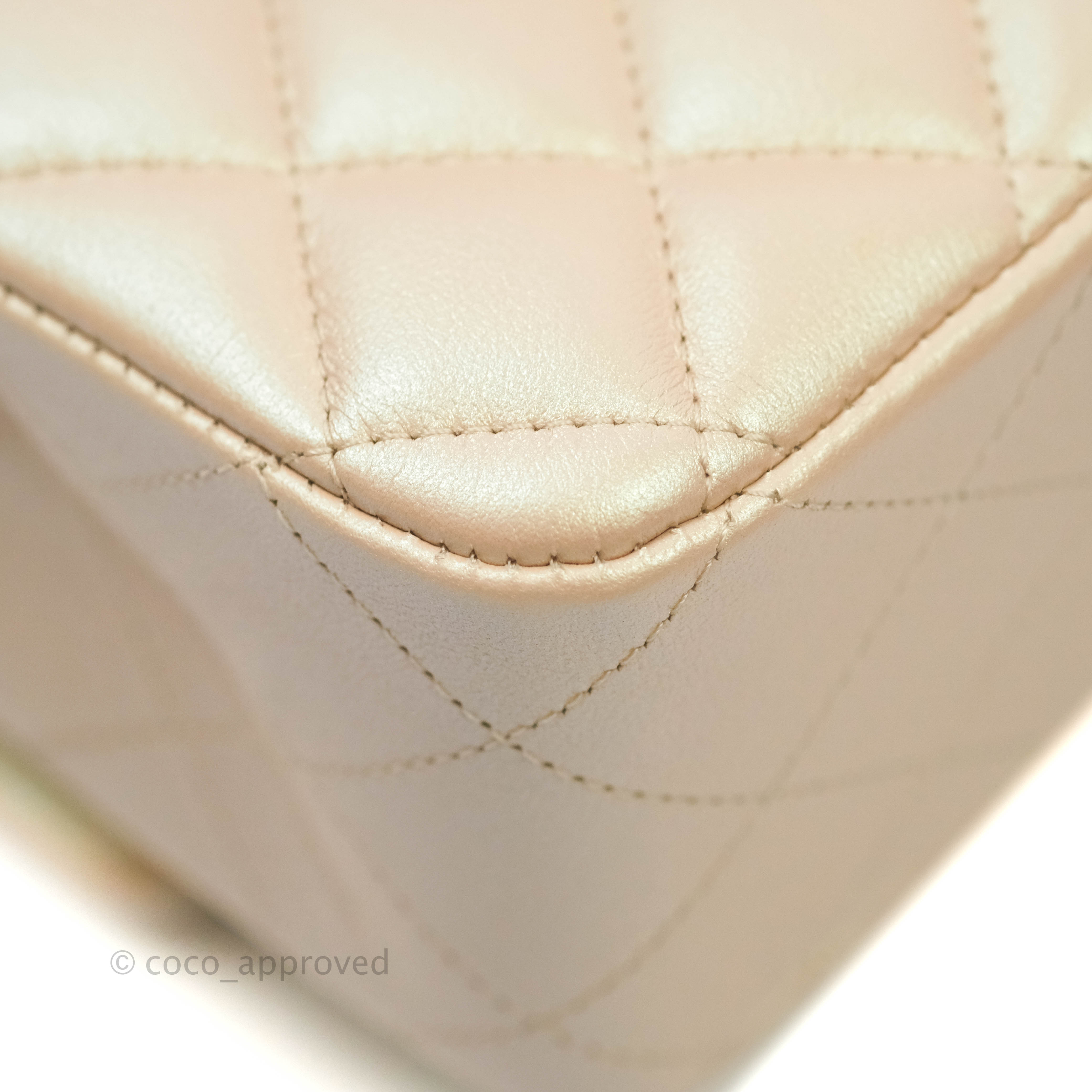 Chanel Classic Medium Double Flap Bag in Iridescent Beige Calfskin with Gold Hardware 21S Collection - Perfect for Luxury Everyday Use & Special Occasions