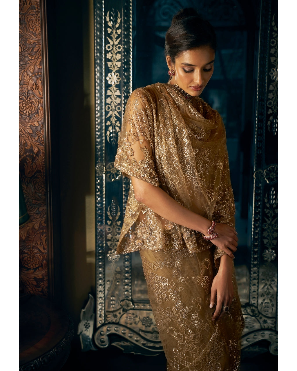 Antique Gold Sequin Sari Set - Elegant Indian Bridal Outfit for Weddings, Parties & Festive Occasions