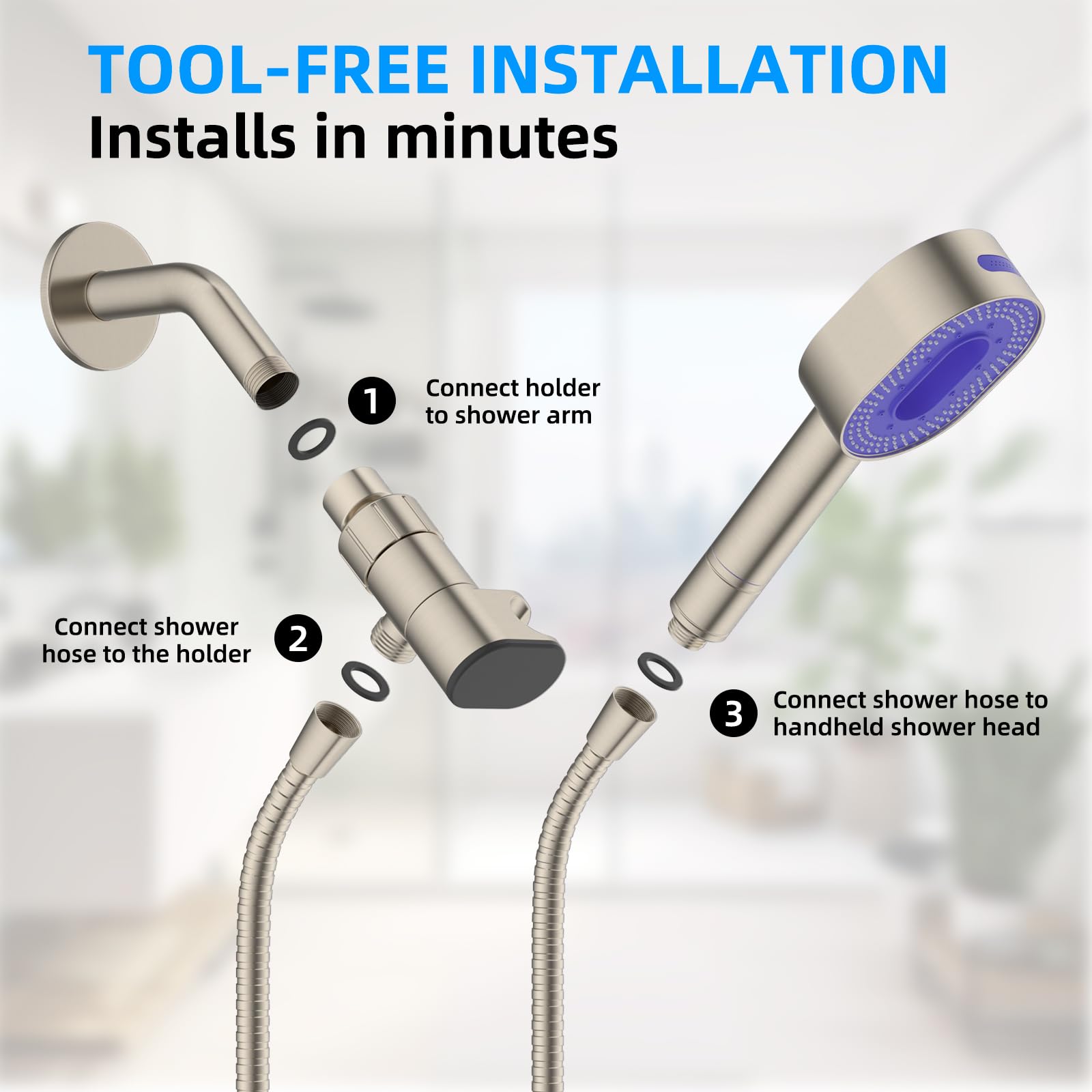 Upgraded Metal Shower Head Holder with LED Temperature Display - Adjustable Shower Arm Mount for Handheld Shower Heads - Universal Shower Bracket with Solid Brass Ball in Brushed Nickel Finish - Perfect for Bathroom Renovation & Spa-Like Shower Experience