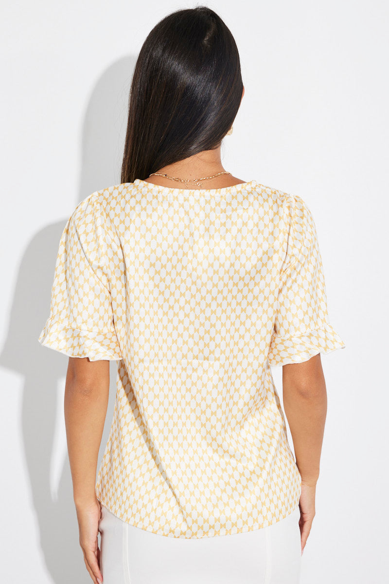 Beige Geometric Print Short Sleeve Tops for Women - Casual Summer Blouse for Outfits & Beach Wear