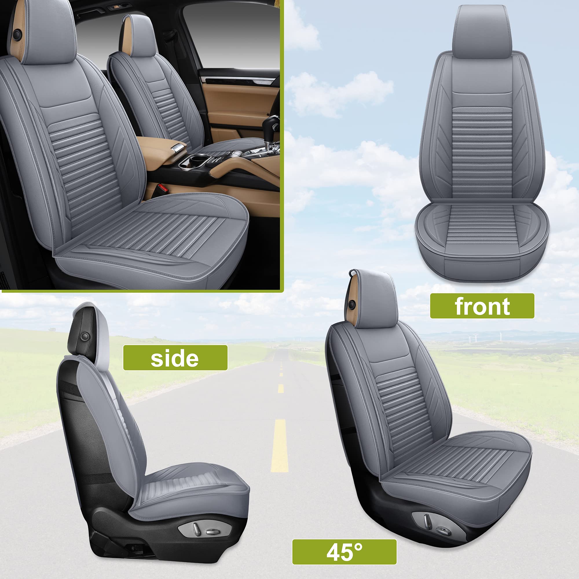 Premium AOOG Leather Car Seat Covers - Universal Fit Leatherette Auto Seat Protectors for Cars, SUVs & Trucks | Non-Slip Vehicle Interior Accessories (Full Set, Gray) | Perfect for Daily Commute, Road Trips & Family Protection