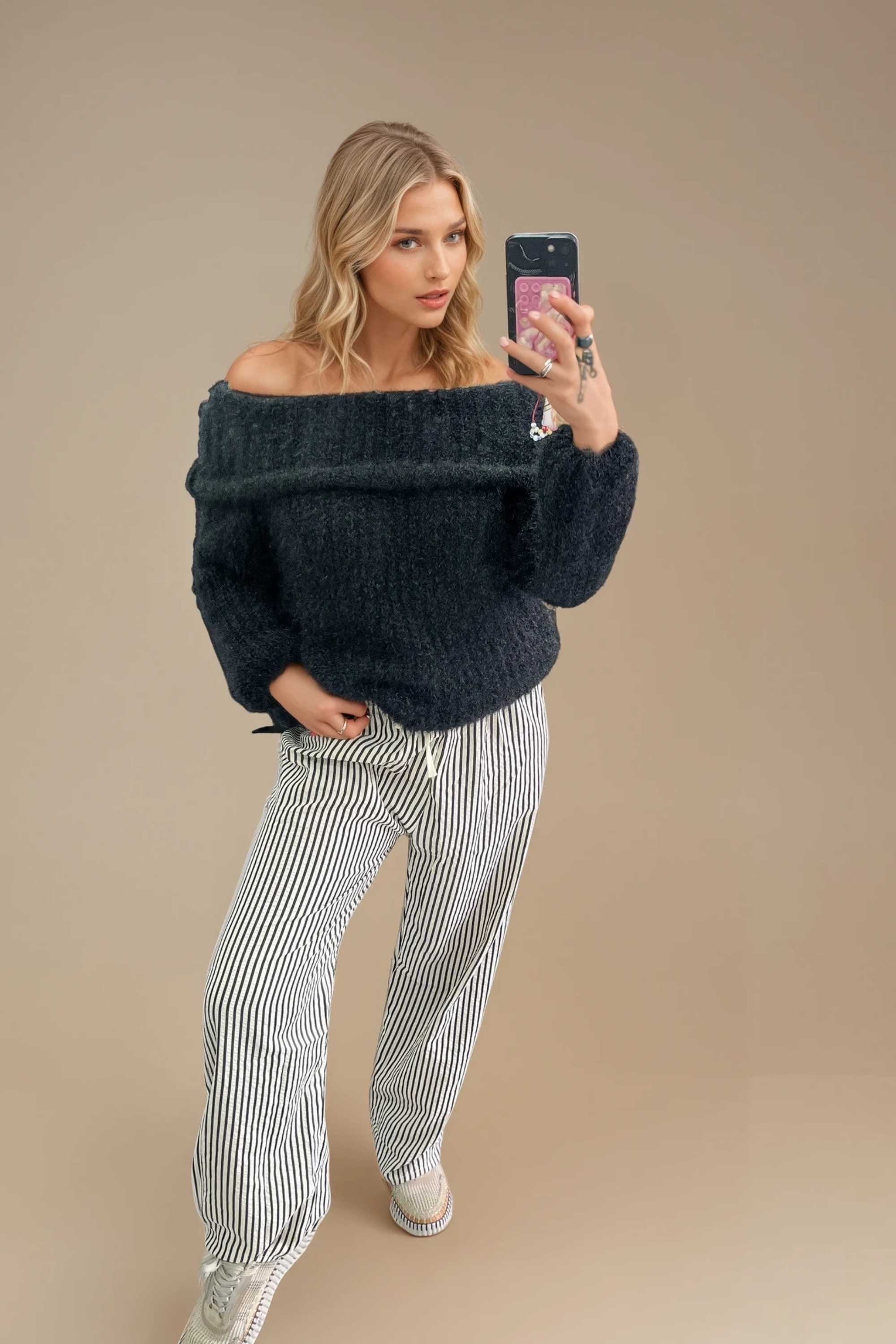 Stylish Cream & Black Striped Pants for Women - Comfortable All-Day Wear for Office, Casual Outings & Travel