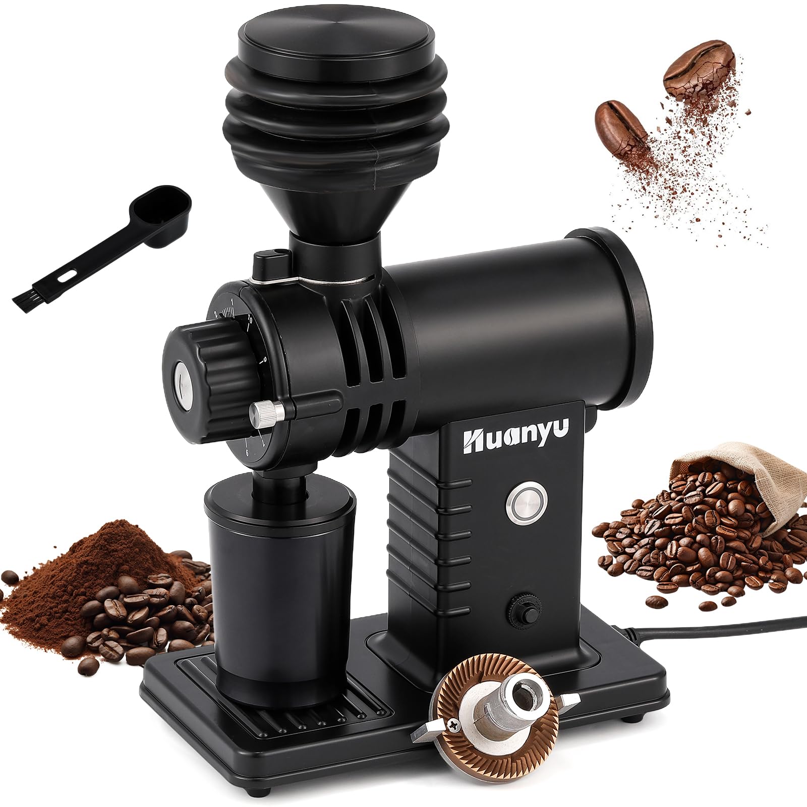 Premium Huanyu Electric Espresso Coffee Grinder with Titanium Flat Burr - 10 Precise Grind Settings, Removable Hopper & Bellows - Perfect for Home Baristas & Coffee Enthusiasts (Black) | Ideal for Espresso, French Press, Pour Over & Cold Brew Coffee Making