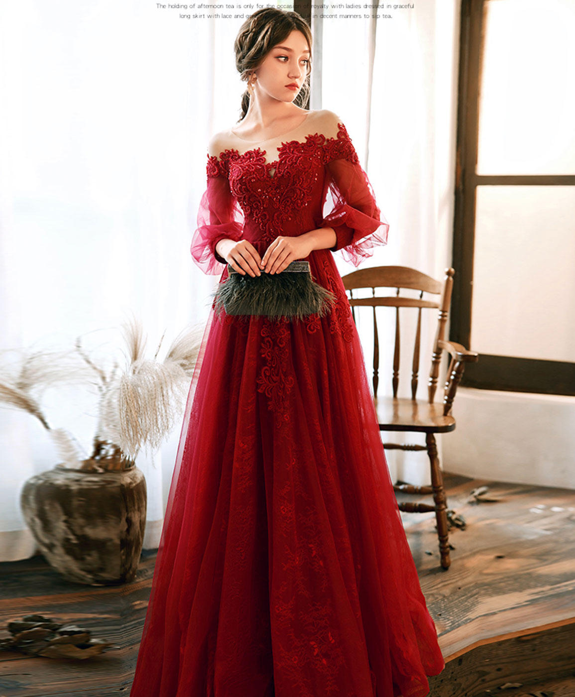Elegant Burgundy Round Neck Tulle Beaded Long Prom Dress for Evening Gala & Formal Events - Perfect for Homecoming, Wedding Guest, and Special Occasions