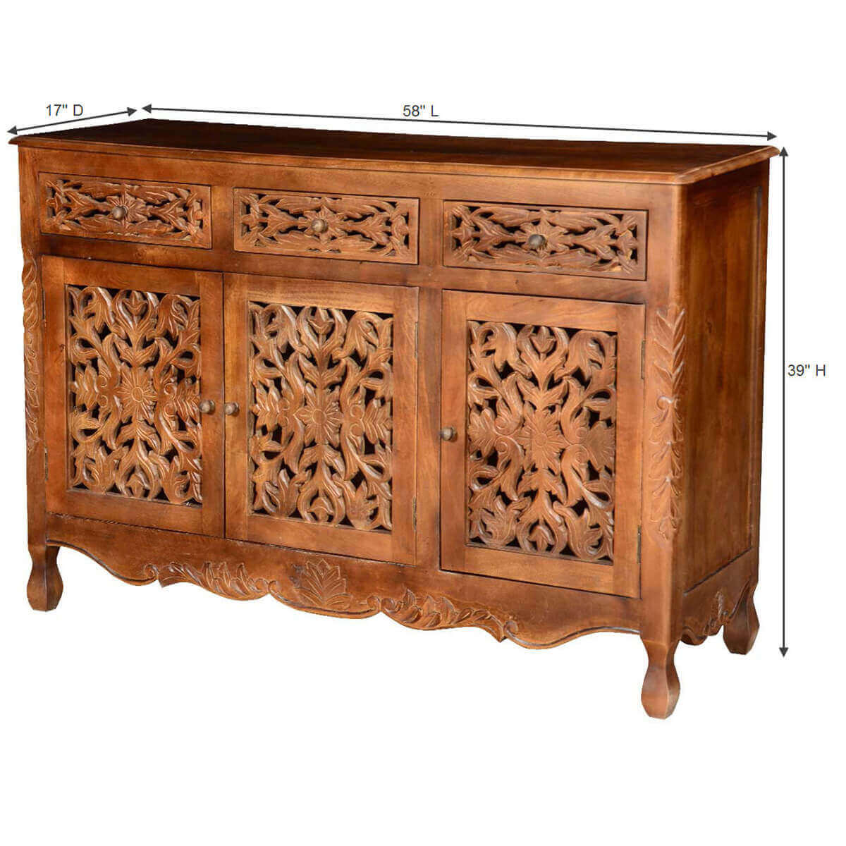 Hand Carved Buffet Table in Natural Finish | Solid Wood 3-Door Sideboard with Drawers for Dining Room Storage & Display