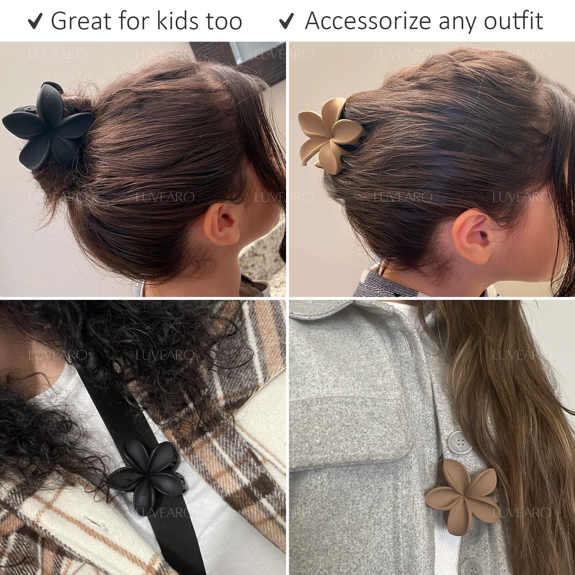 4-Piece Non-Slip Matte Flower Hair Clips for Women - Strong Hold for Thick & Thin Hair - Neutral Floral Claw Clips Variety Set with Plumeria Design - Perfect for Everyday Wear, Work & Special Occasions