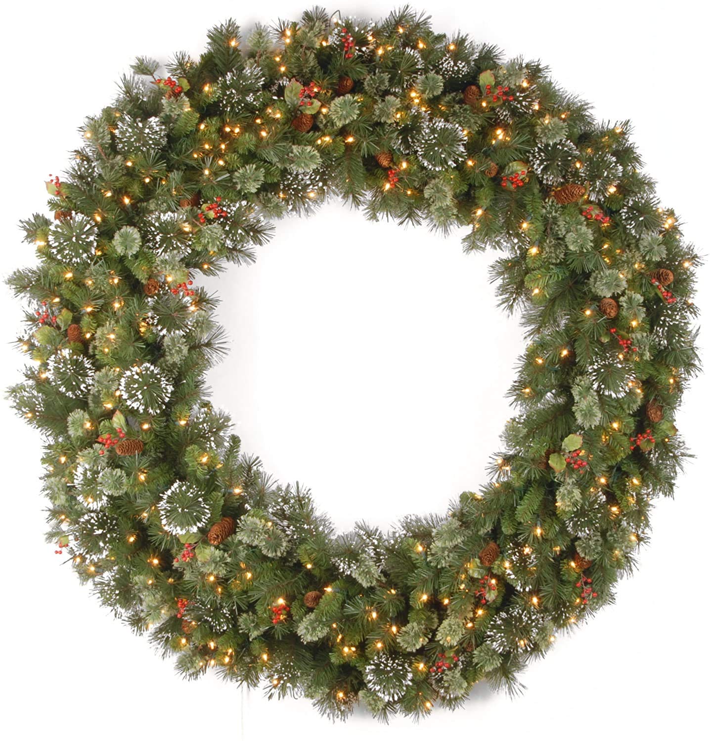 National Tree Company 60-Inch Pre-Lit Artificial Christmas Wreath - Wintry Pine with White LED Lights, Pine Cones, Berry Clusters & Frosted Branches | Holiday Decor for Front Door, Mantel & Christmas Tree Decorating