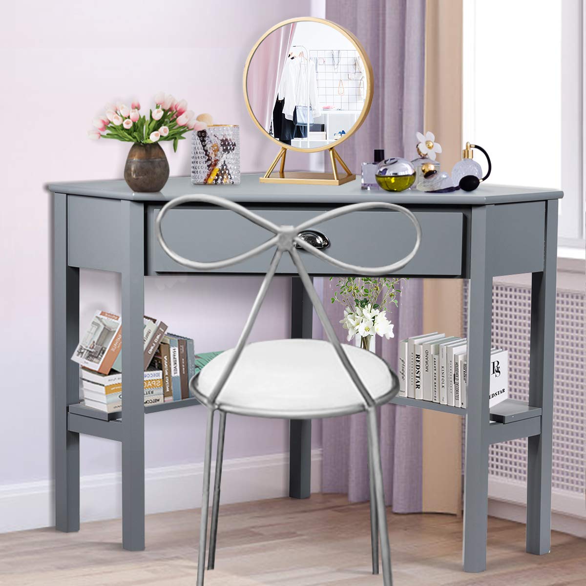 Tangkula Grey Corner Computer Desk with Drawer & Storage Shelves - 90° Triangle Small Space Desk for Home Office, Gaming & Makeup Vanity | Compact Workstation Solution for Apartments & Dorm Rooms
