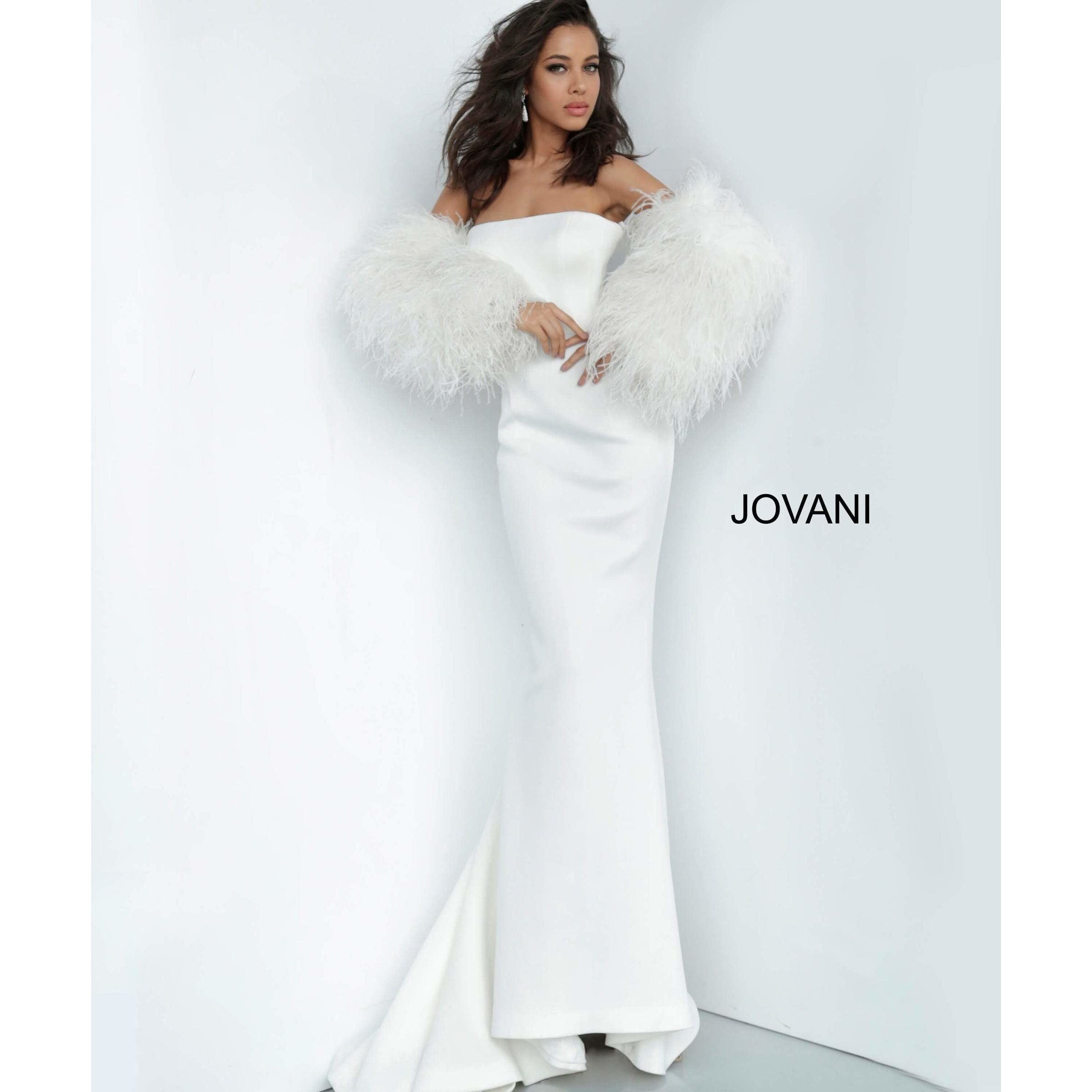 Jovani 1226 Strapless Evening Gown with Luxurious Fur Sleeves - Perfect for Prom, Black Tie Events & Formal Occasions