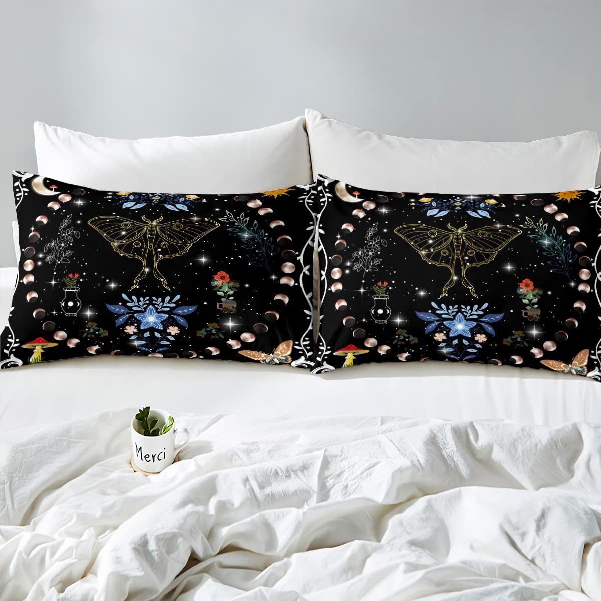 Trippy Moon Phase Duvet Cover Twin Size - Gothic Moth Butterfly Mushroom Bedding Set with Galaxy Glitter Stars & 1 Pillowcase - Perfect for Kids, Teens & Boho Bedrooms (Zipper Closure & Ties)