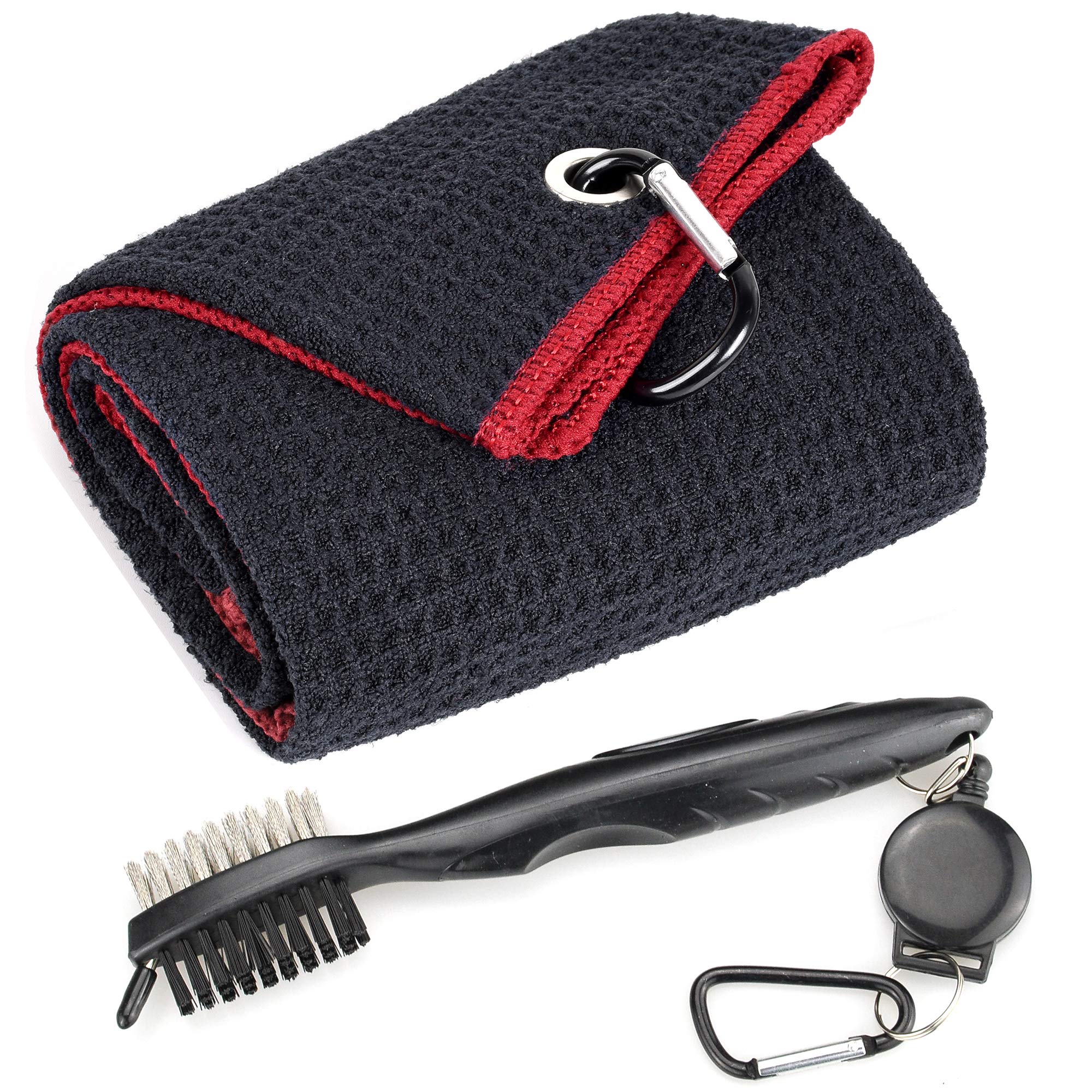 Premium Microfiber Waffle Pattern Golf Towel with Club Cleaning Kit | Tri-Fold Design, Retractable Brush & Groove Cleaner | Perfect for Golf Course, Driving Range & Club Maintenance