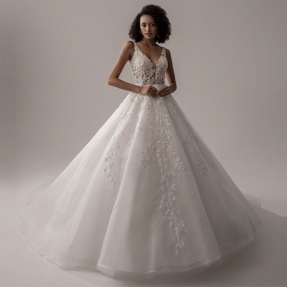 Elegant Ivory V-Neck Sleeveless A-Line Wedding Dress with Romantic Lace - Boho Chic Bridal Gown for Beach, Garden & Outdoor Ceremonies