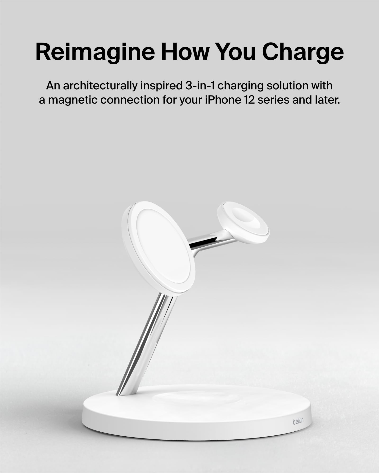 Belkin MagSafe 3-in-1 Wireless Charging Stand (2nd Gen) - 33% Faster Charging for iPhone 16/15/14 Series, Apple Watch & AirPods - Multi-Device MagSafe Charging Station (White) - Perfect for Bedside, Office Desk & Travel Accessories