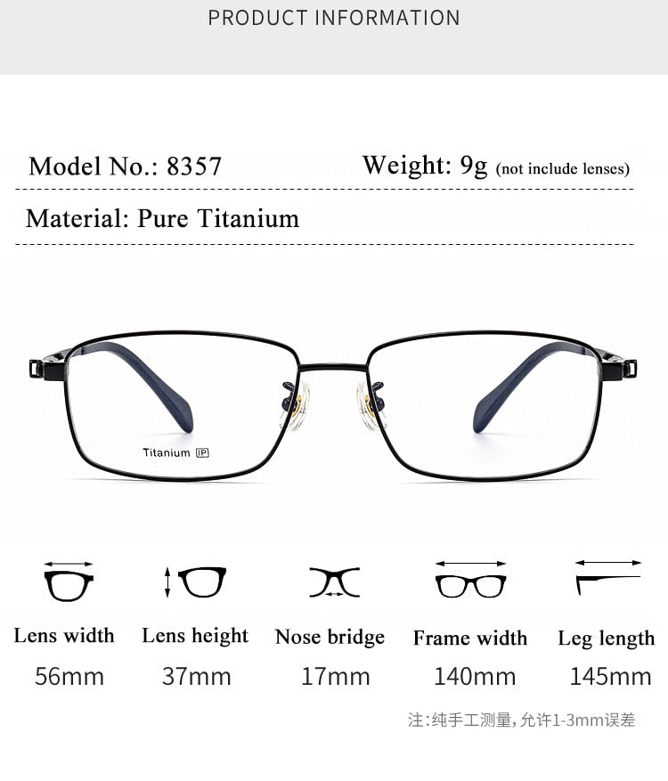 Bclear Men's Full Rim Square Titanium Eyeglasses Sc8357 - Lightweight Durable Frame for Work, Reading & Fashion | Stylish Prescription Glasses for Men