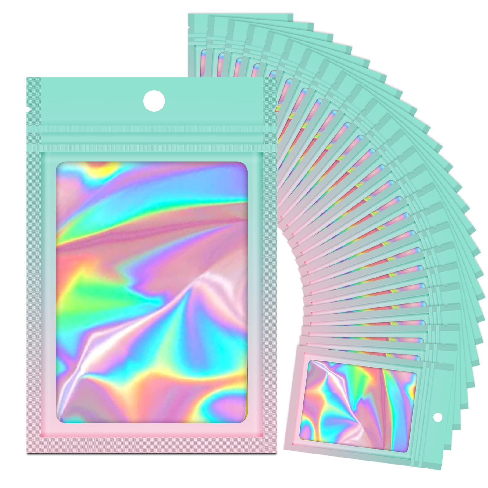 100-Pack Holographic Gradient Resealable Mylar Bags with Clear Window - 6.3x9.4 Inch Airtight Food Storage & Party Favor Bags (Green & Pink) for Candy, Snacks, Jewelry & Small Gift Packaging