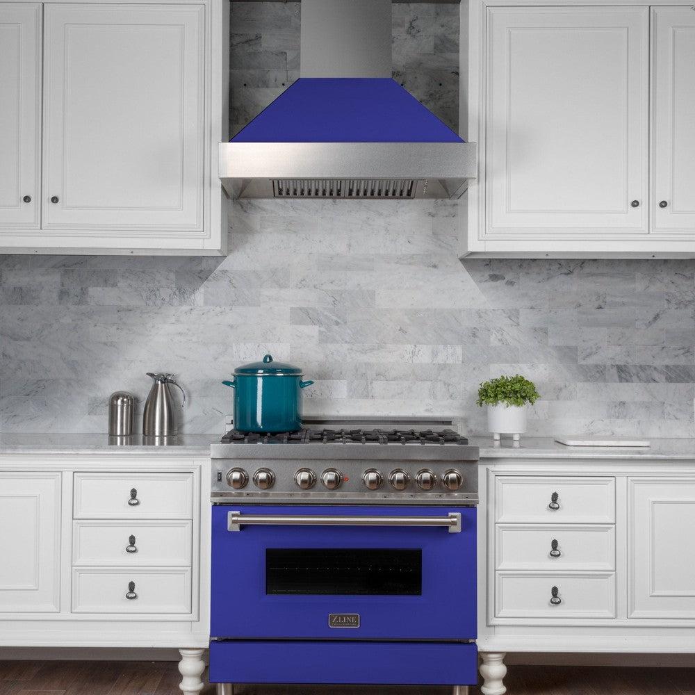 ZLINE 36 Inch Stainless Steel Wall Mount Range Hood - Satin Finish with Blue Matte Shell (8654BM 36) | Powerful Ducted Ventilation for Kitchen | Perfect for Modern Home Cooking & Smoke Removal