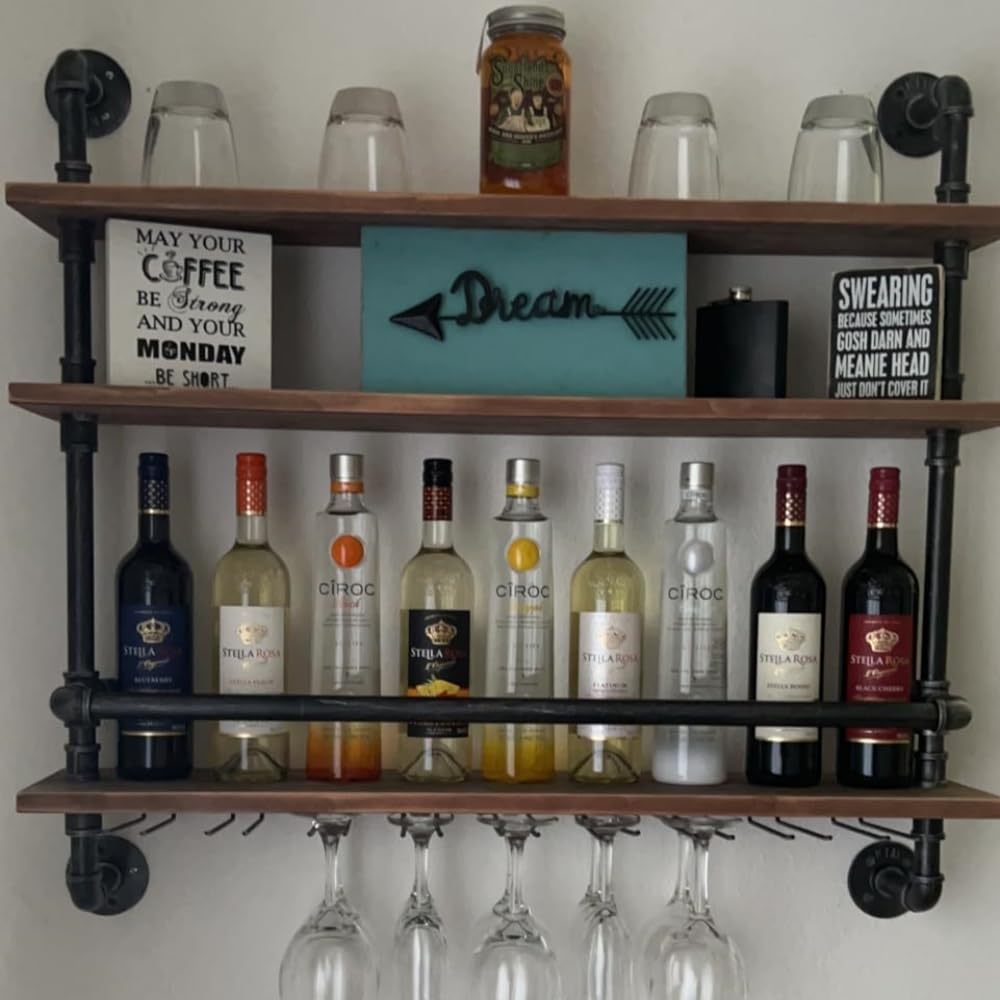 Industrial Pipe Shelf Wine Rack Wall Mounted with 9 Stem Glass Holder - 36 Inch Rustic Wood Floating Shelves for Bar, Kitchen & Dining Room Decor - Wine Storage & Glass Display Shelf for Home & Commercial Use