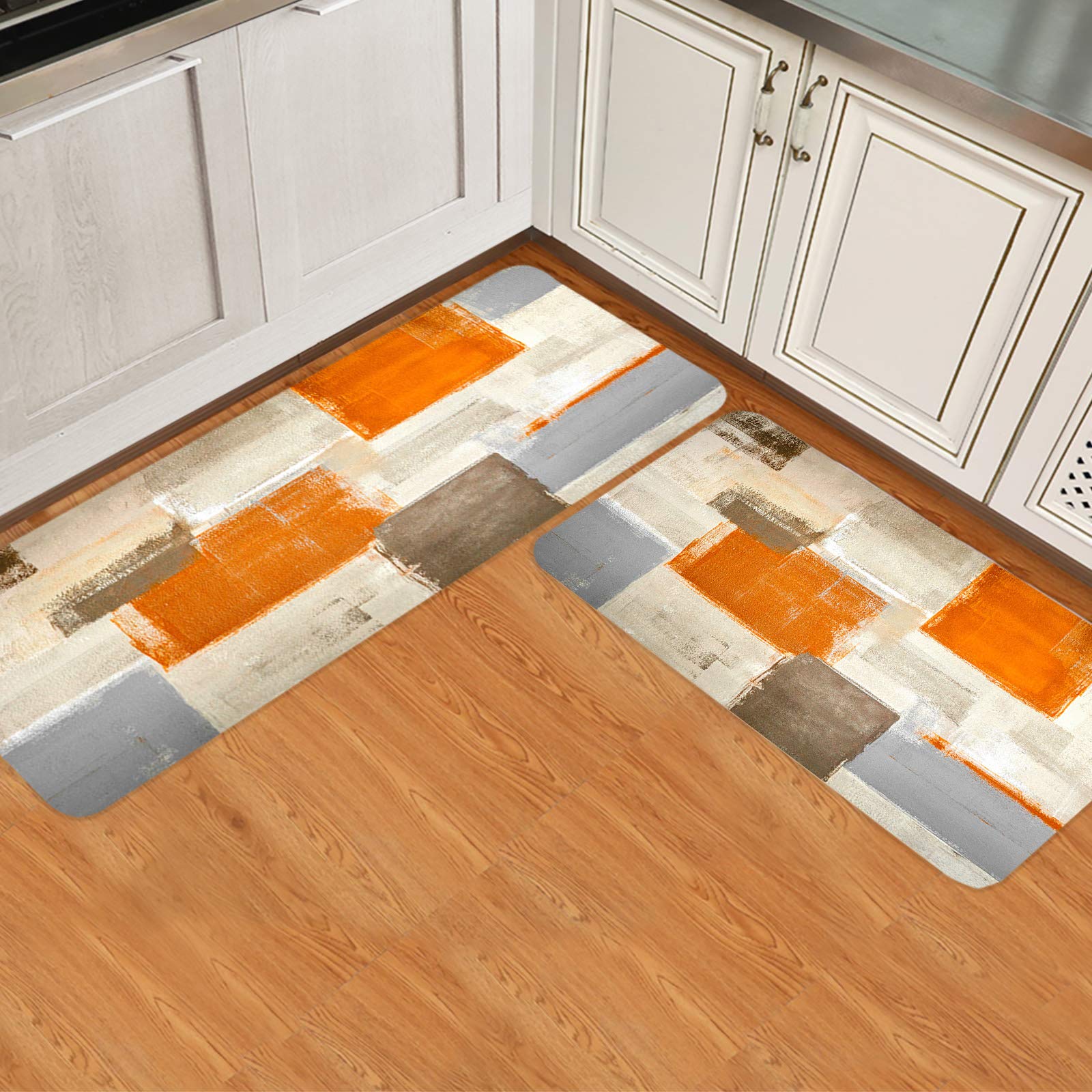Premium Non-Slip Kitchen Rugs Set of 2 - Orange & Gray Abstract Modern Design, Durable Floor Mats for Sink, Laundry & Office (23.6x35.4