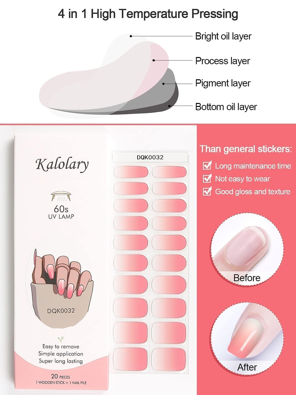 Kalolary Pink Gel Nail Polish Strips - DIY Gradient Nail Art Stickers | Waterproof Full Nail Wraps Decal Kit with Cuticle Stick & Nail File | Perfect for Summer Manicures, Parties & Special Occasions