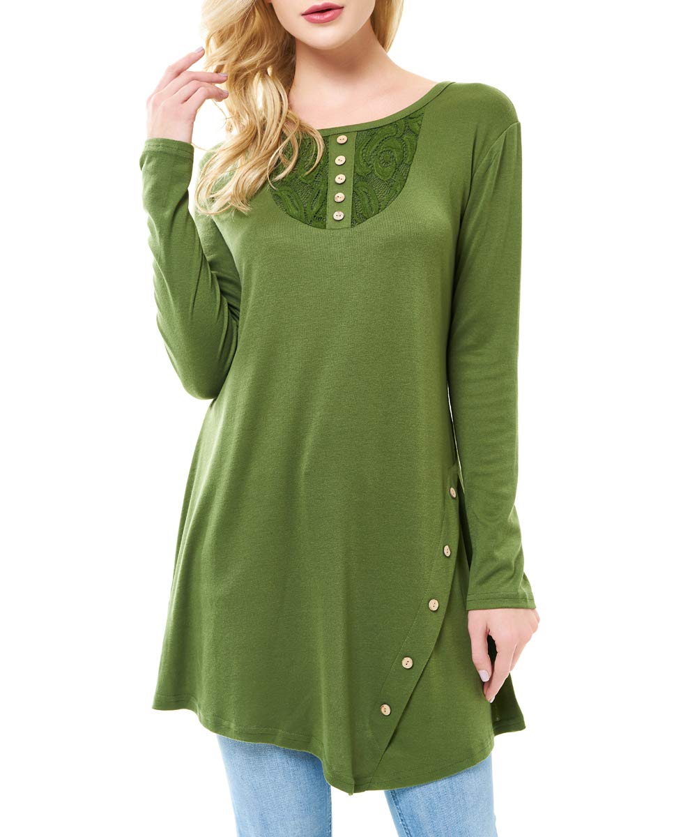 Women's Long Sleeve Tunic Top - Casual Scoop Neck Button Side Blouse with Asymmetrical Hem (Olive Green) | Perfect for Work, Date Night & Everyday Wear