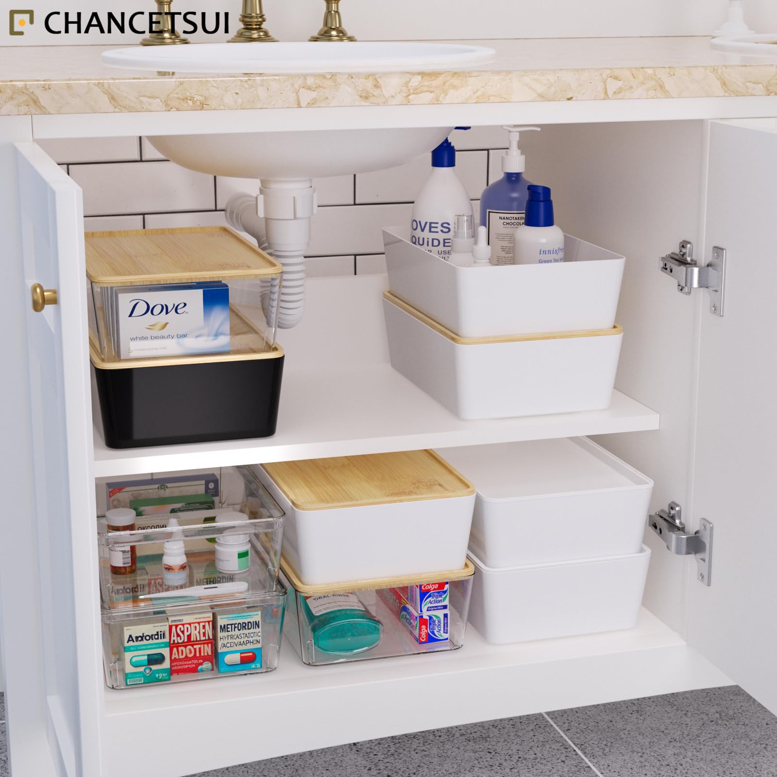 CHANCETSUI 2-Pack Stackable Storage Bins with Bamboo Lids - 7x10 Inch White Office Desk Organizers, Home & Office Storage Containers for Paper Clips, Pens, Documents | Perfect for Desk Organization & Closet Storage