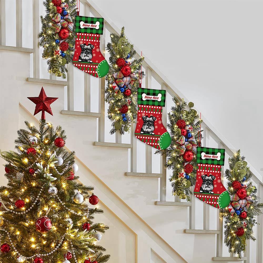 1 Pack Custom Merry Christmas Stocking - Red Dog German Shepherd Bone & Green Buffalo Plaid Snowflake Design - 14.4 Inch Holiday Decoration for Fireplace, Gift Exchange & Festive Home Decor