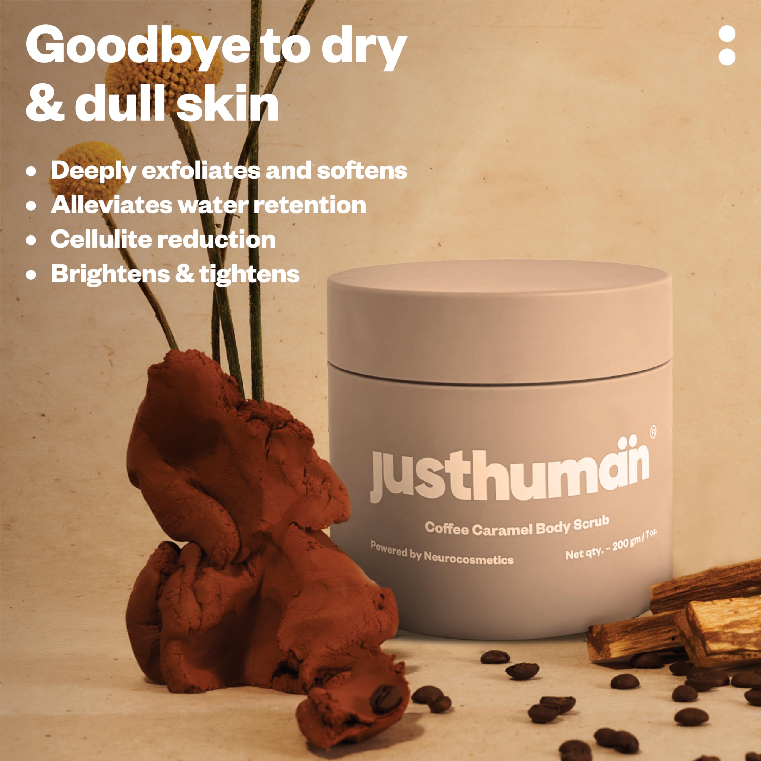 Justhuman Coffee Caramel Body Scrub - Natural Exfoliator with Coffee Extracts & Olive Oil for Cellulite Reduction, Deep Cleansing & Skin Hydration (200g) - Perfect for Spa Day, Self-Care Routine & Gift Giving