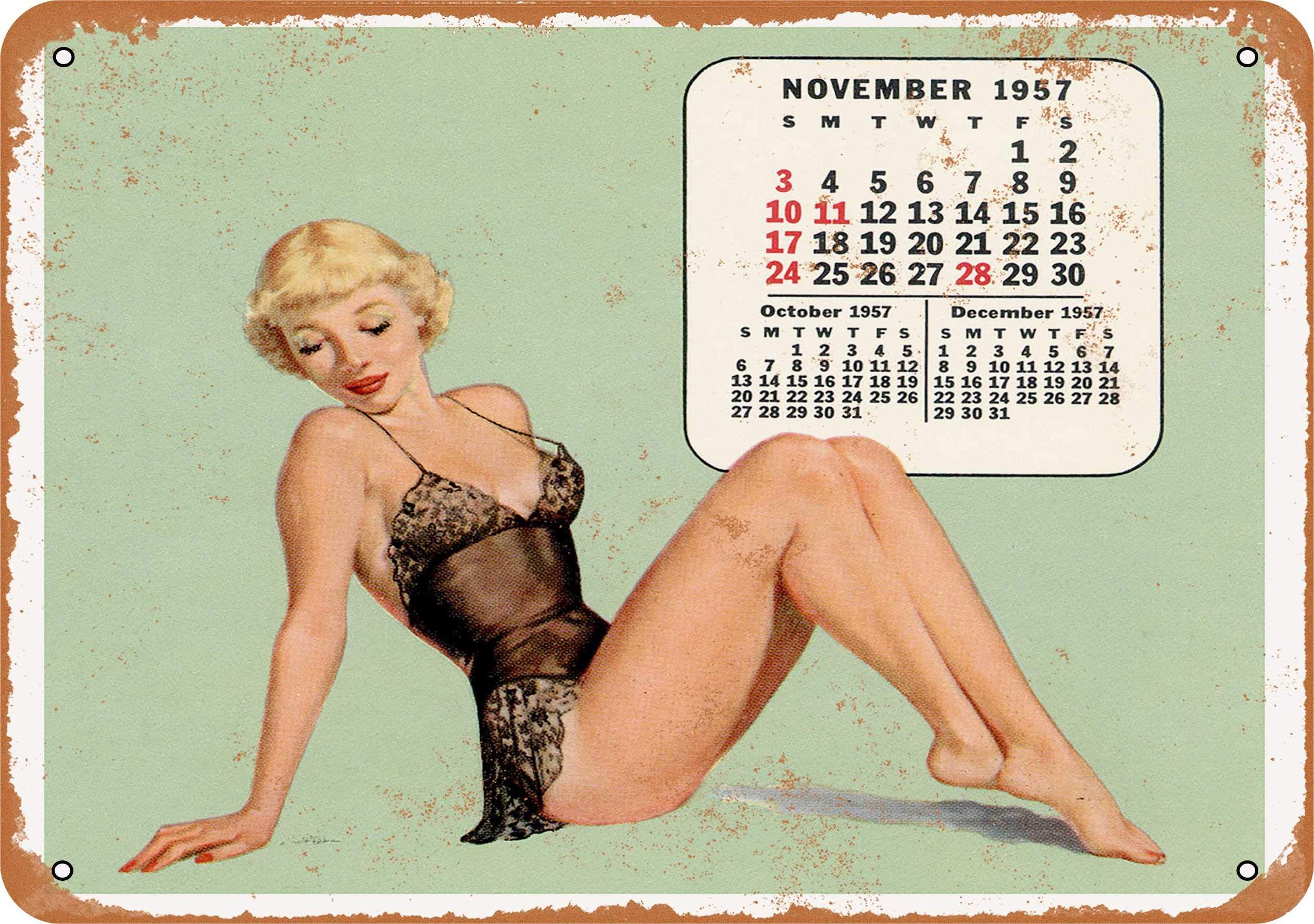 10 x 14 Inch Vintage 1957 Pinup Calendar Metal Sign - Retro Wall Decor for Man Cave, Garage, Bar & Office - Durable Tin Reproduction for Home & Business