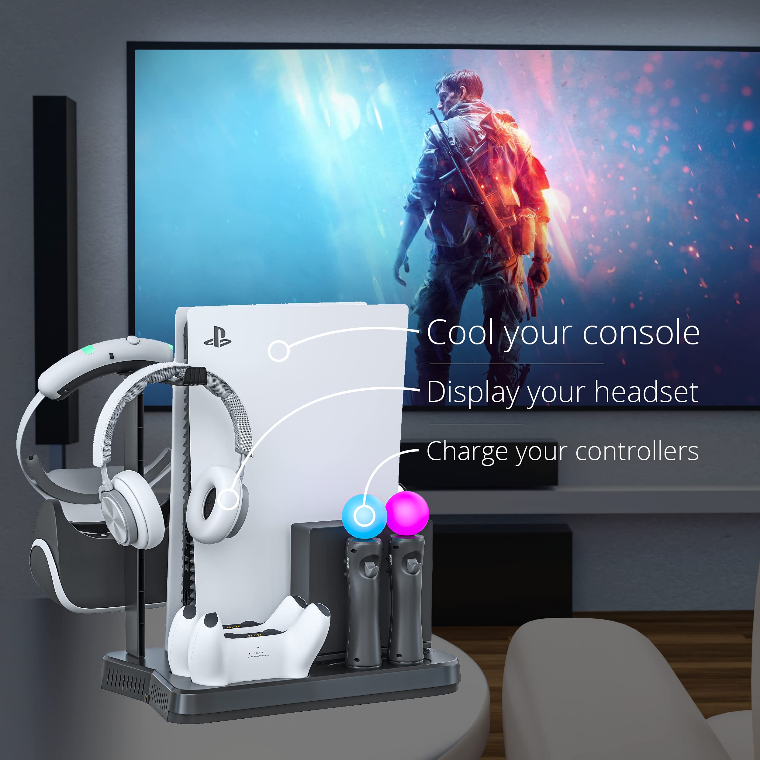 Skywin PSVR Charging Station & Display Stand for Playstation 5 - Dual Controller Charger Dock with Cooling Fan & Headset Holder - Perfect for Gaming Setup & VR Accessories Organization (Compatible with PS5 & PSVR) - Ideal for Living Room Entertainment & Gaming Room Decor