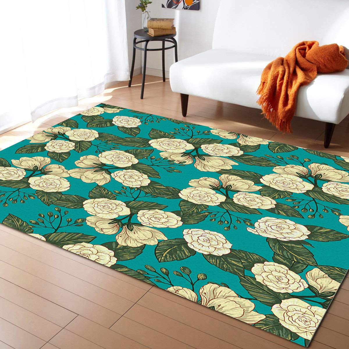 4x6ft Large Non-Slip Area Rugs - Floral Rose Design for Living Room, Bedroom, Hallway | Indoor/Outdoor Decor | Elegant White Plant Pattern Nursery Rug for Home & Office Use