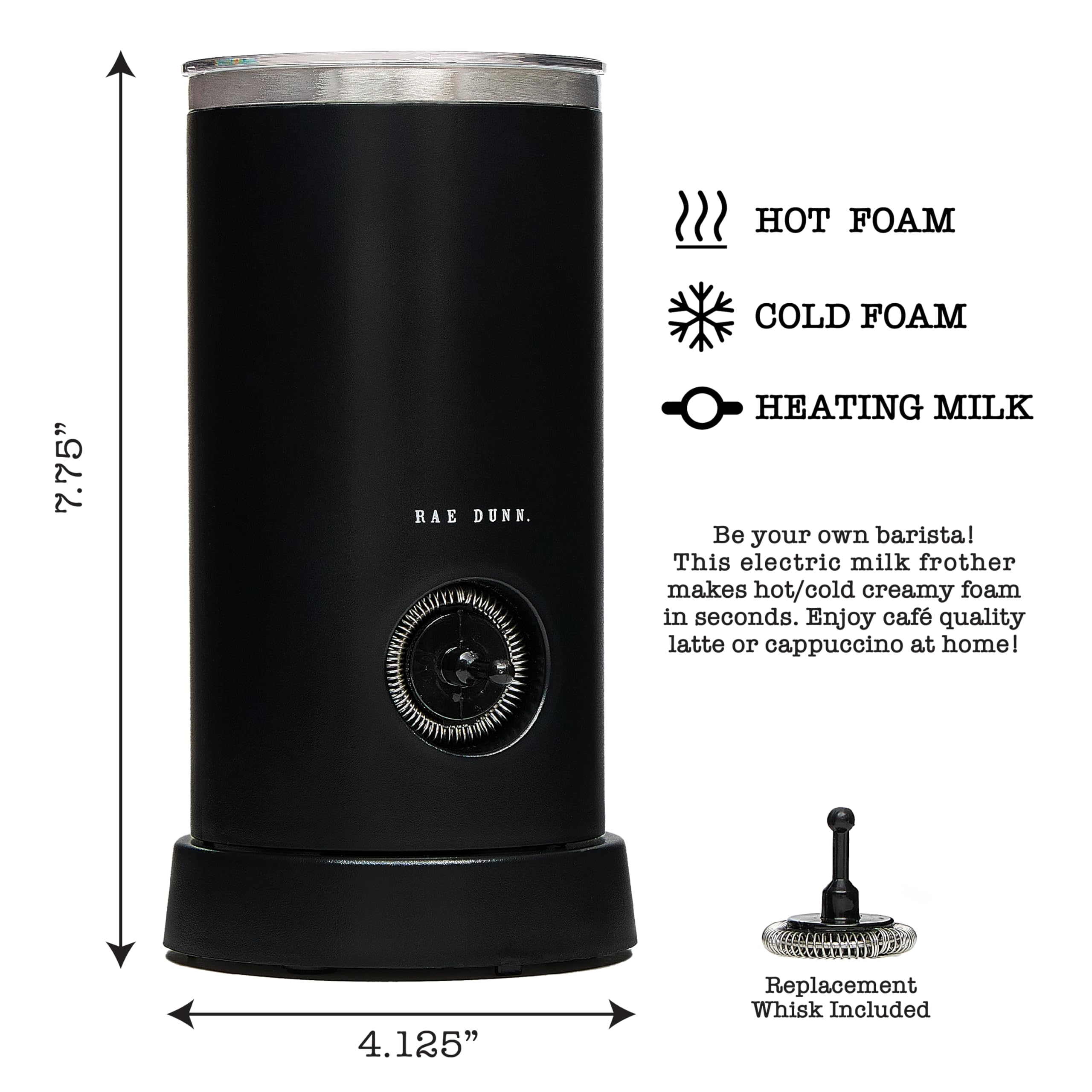 Rae Dunn Electric Milk Frother Steamer - 550W Automatic Milk Warmer & Frother for Coffee, Latte, Cappuccino, Macchiato - Hot & Cold Foam Maker - Perfect for Home, Office & Coffee Shops (Black)