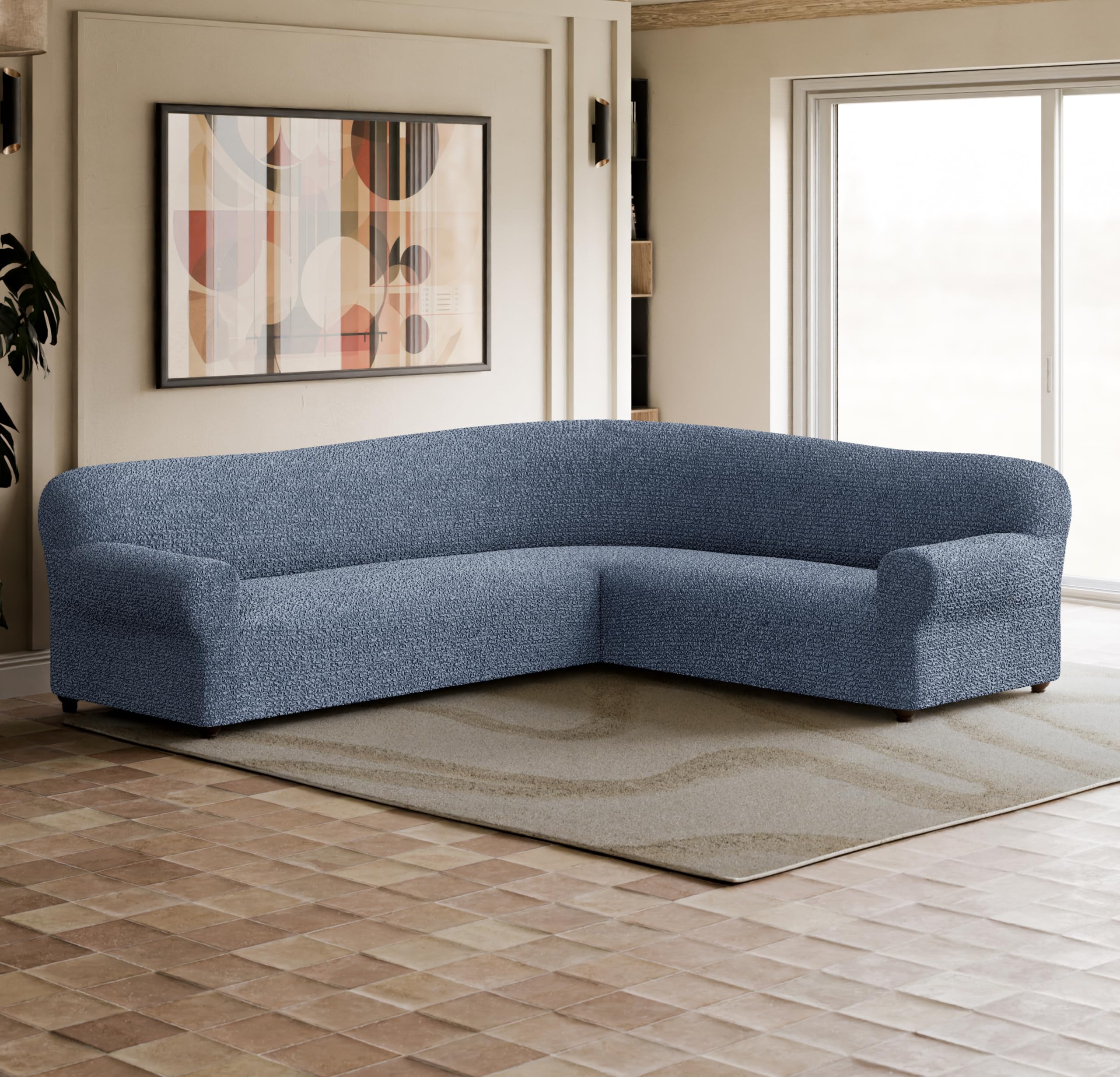 PAULATO BY GA.I.CO. Extra Large L-Shaped Sectional Sofa Cover - Washable Polyester Slipcover - 1-Piece Form Fit Furniture Protector - Mille Righe Blue - Perfect for Living Room, Family Room & Home Theater Protection