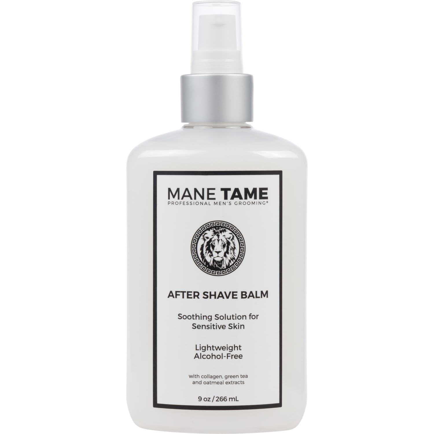 MANE TAME Professional Men's After Shave Balm - Post Shave Moisturizer with Collagen, Green Tea & Oatmeal Extract - Hydrating & Soothing Formula for Razor Burn & Dry Skin - 9 oz - Perfect for Daily Grooming & Post-Shave Care