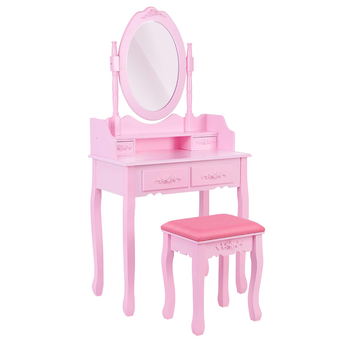 Pink Vanity Makeup Dressing Table with Oval Mirror & 4 Drawers - Girls Bedroom Furniture Set (Mirror+Stool Included) for Makeup, Skincare & Jewelry Organization - Perfect for Teen Rooms, Princess Themed Decor & Gift Ideas