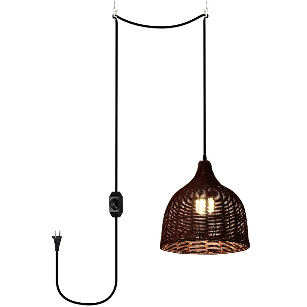 15ft Black Plug-in UL Certified On/Off Dimmer Switch Cord with Retro E26 Lamp Holder - Rattan Brown Pendant Light for Dining Room, Cafe & Restaurant (Bulbs Not Included) - Perfect for Vintage Decor, Industrial Lighting & Cozy Ambiance