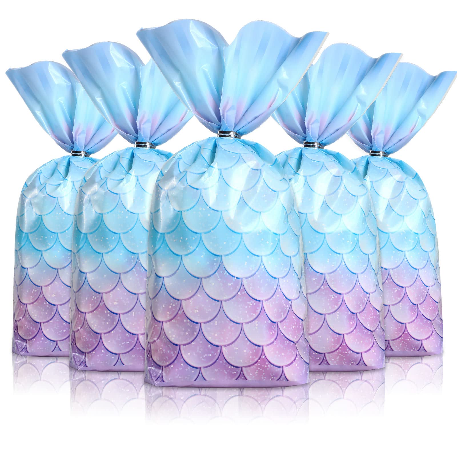 100 Pcs Mermaid Party Favor Bags with Silver Twist Ties - Wide Bottom Cellophane Treat Bags for Mermaid Birthday Party Supplies | Perfect for Kids Birthday Parties, Baby Showers & Themed Events