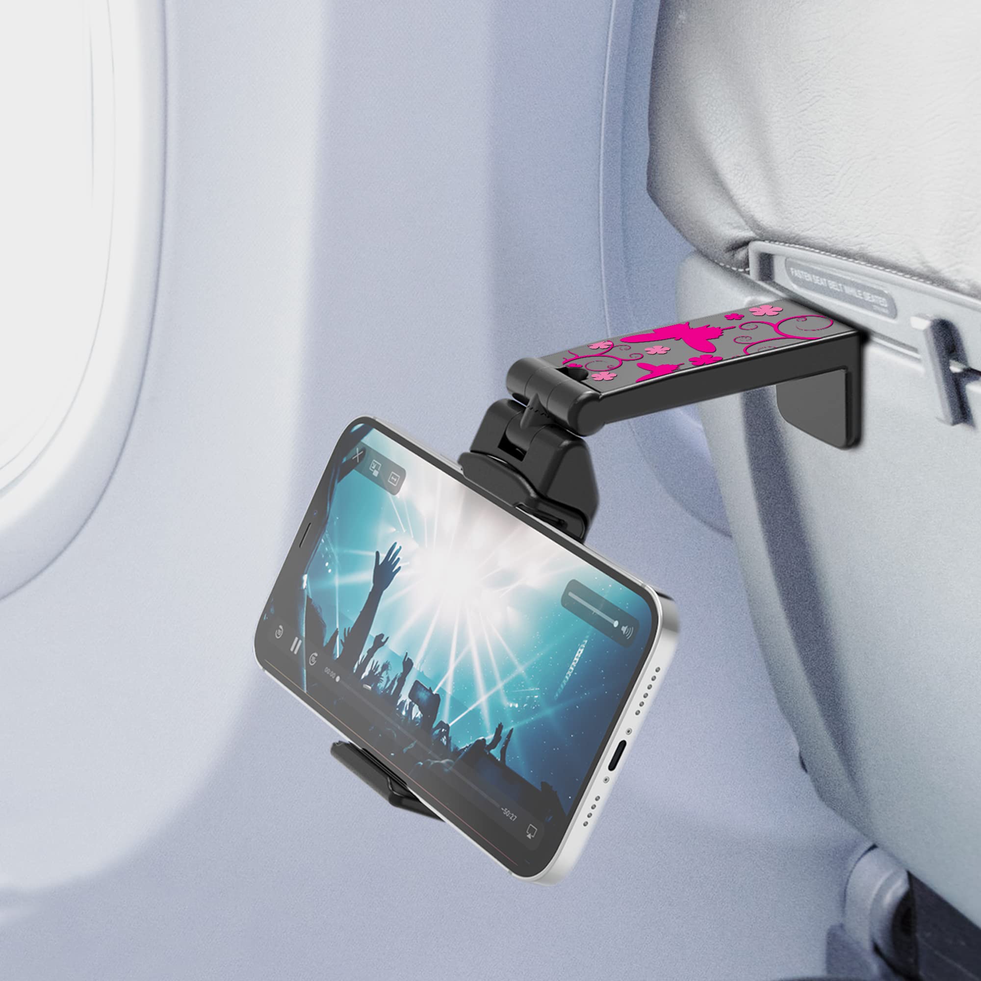 Universal Seat Back Tray Table with Phone Holder - Adjustable Airplane Travel Organizer for iPhone & Android - Pink Butterfly Design - Perfect for In-Flight Entertainment, Snacks & Work on Planes, Trains & Cars
