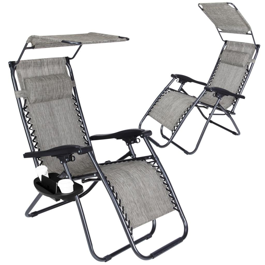 2 Pack Zero Gravity Outdoor Lounge Chairs with Adjustable Sunshade, Cup Holder & Phone Slot - Foldable Patio Recliners with Canopy & Snack Tray (Grey) - Perfect for Poolside, Backyard Relaxation & Beach Lounging